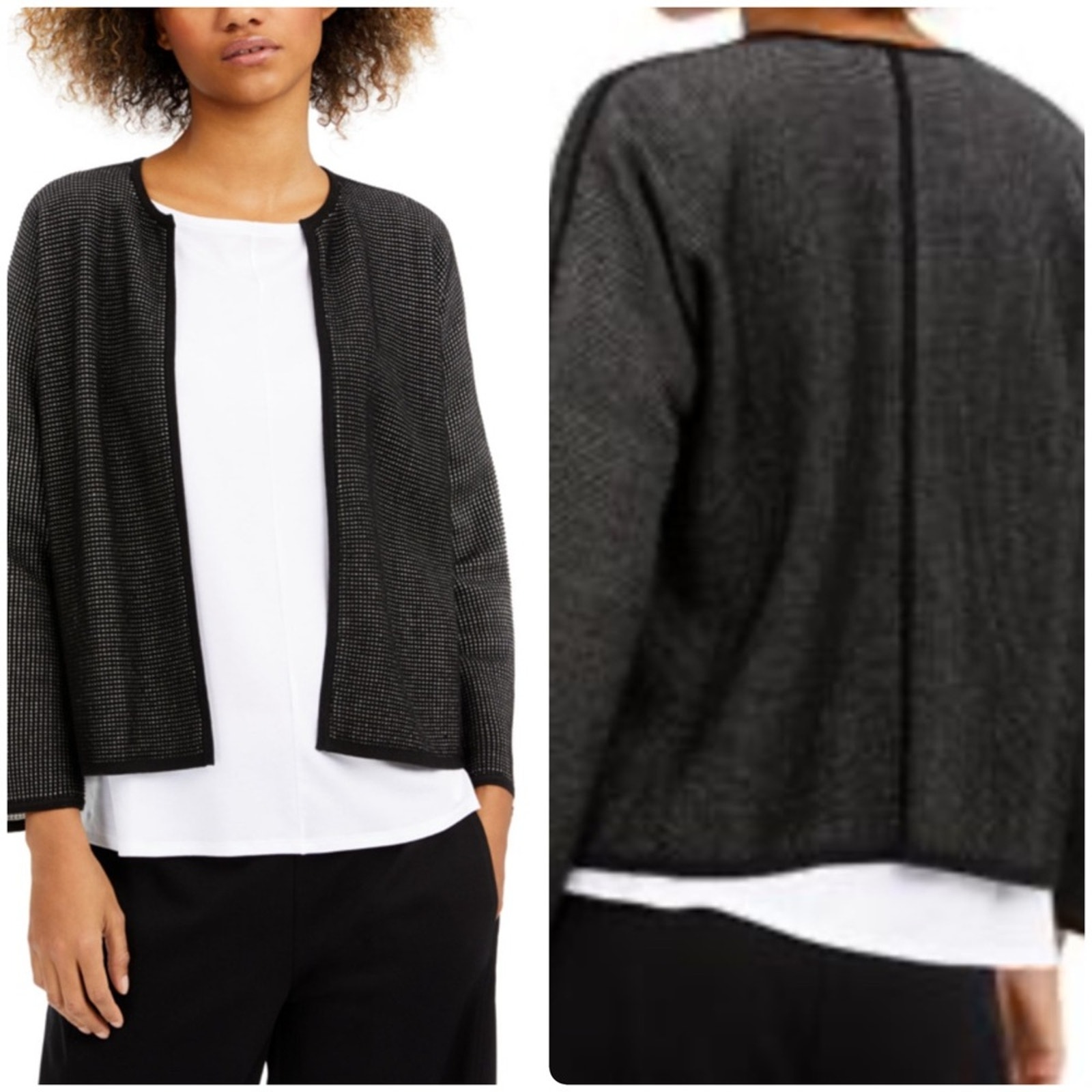 EILEEN FISHER Textured Rib-Knit Trim Open Front Cardigan