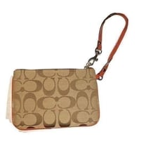 COACH Signature canvas, Corner Zip Wristlet, Pink Leather Trim, Strap & Patch,