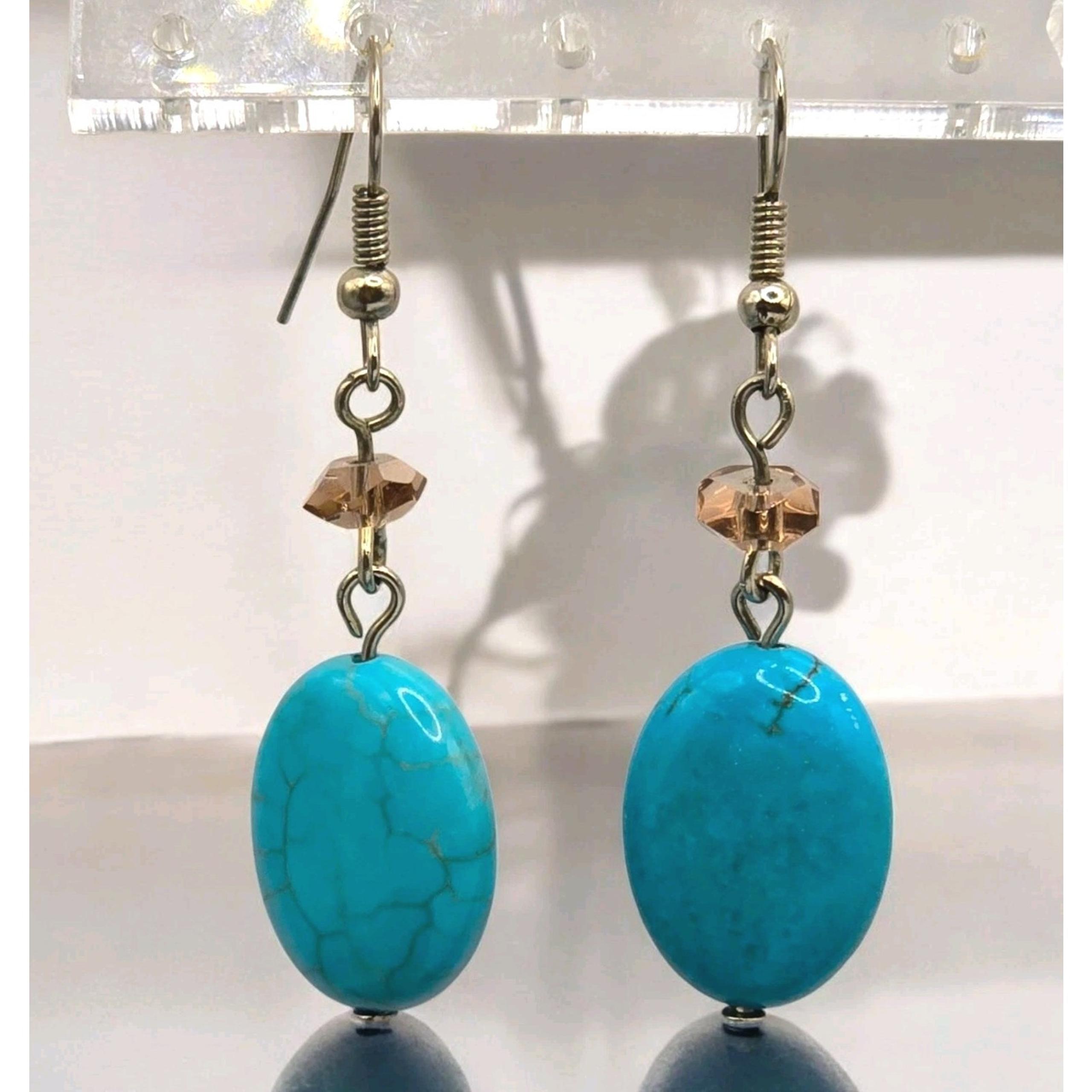Stone Like Beaded Earrings Light Blue Oval Bead Brown Spherical Acrylic Faceted