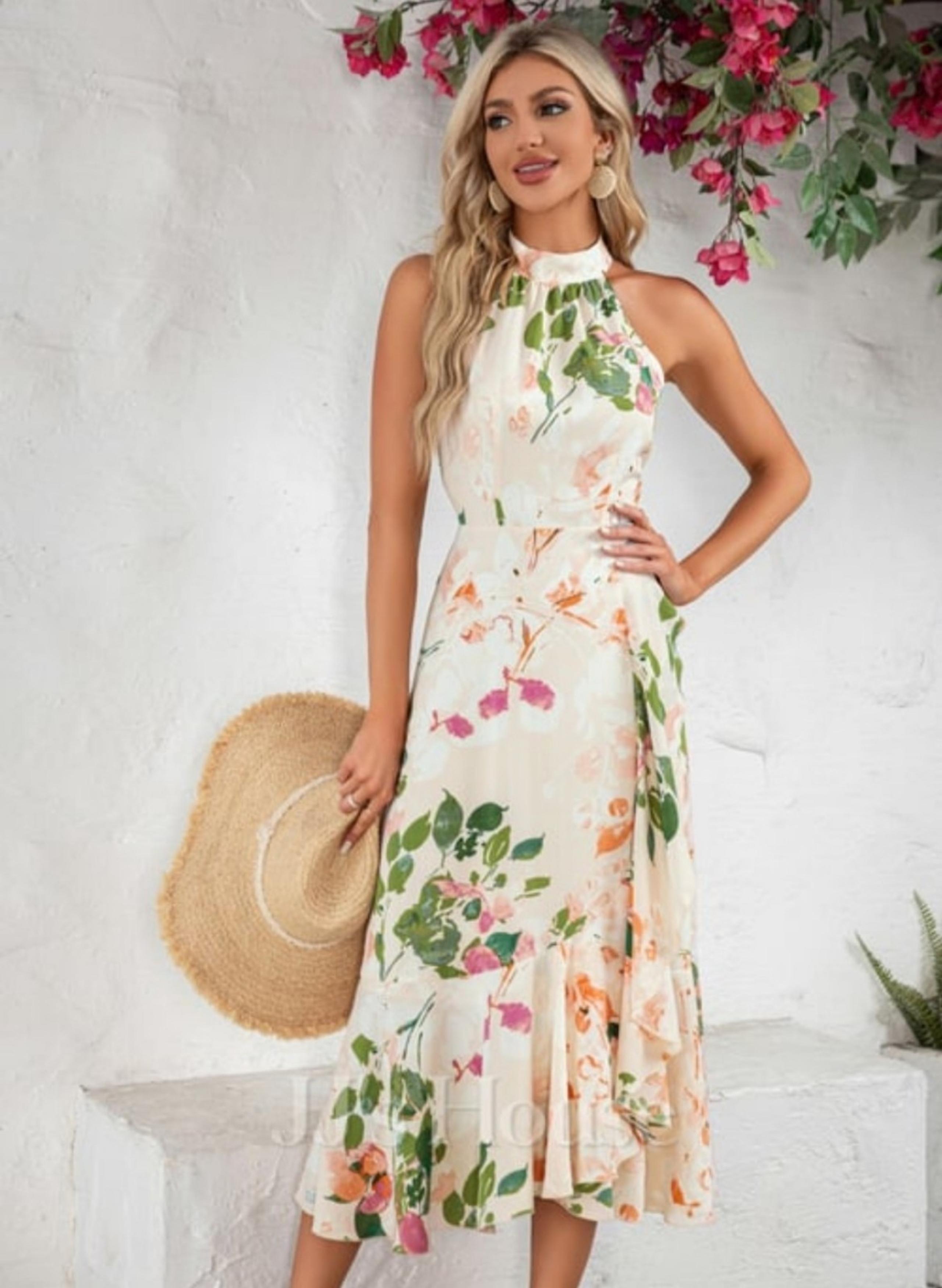 Ruffle Floral Print Halter High Neck A-line Chiffon Satin Midi Dress XL