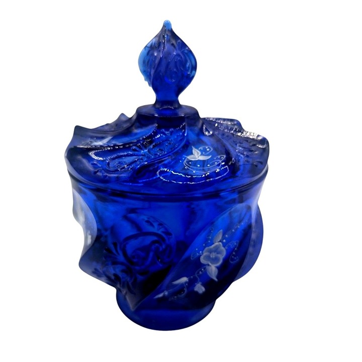 Fenton Glass HP Artist Signed Cobalt Blue Paisley Swirl Candy Jar & Lid