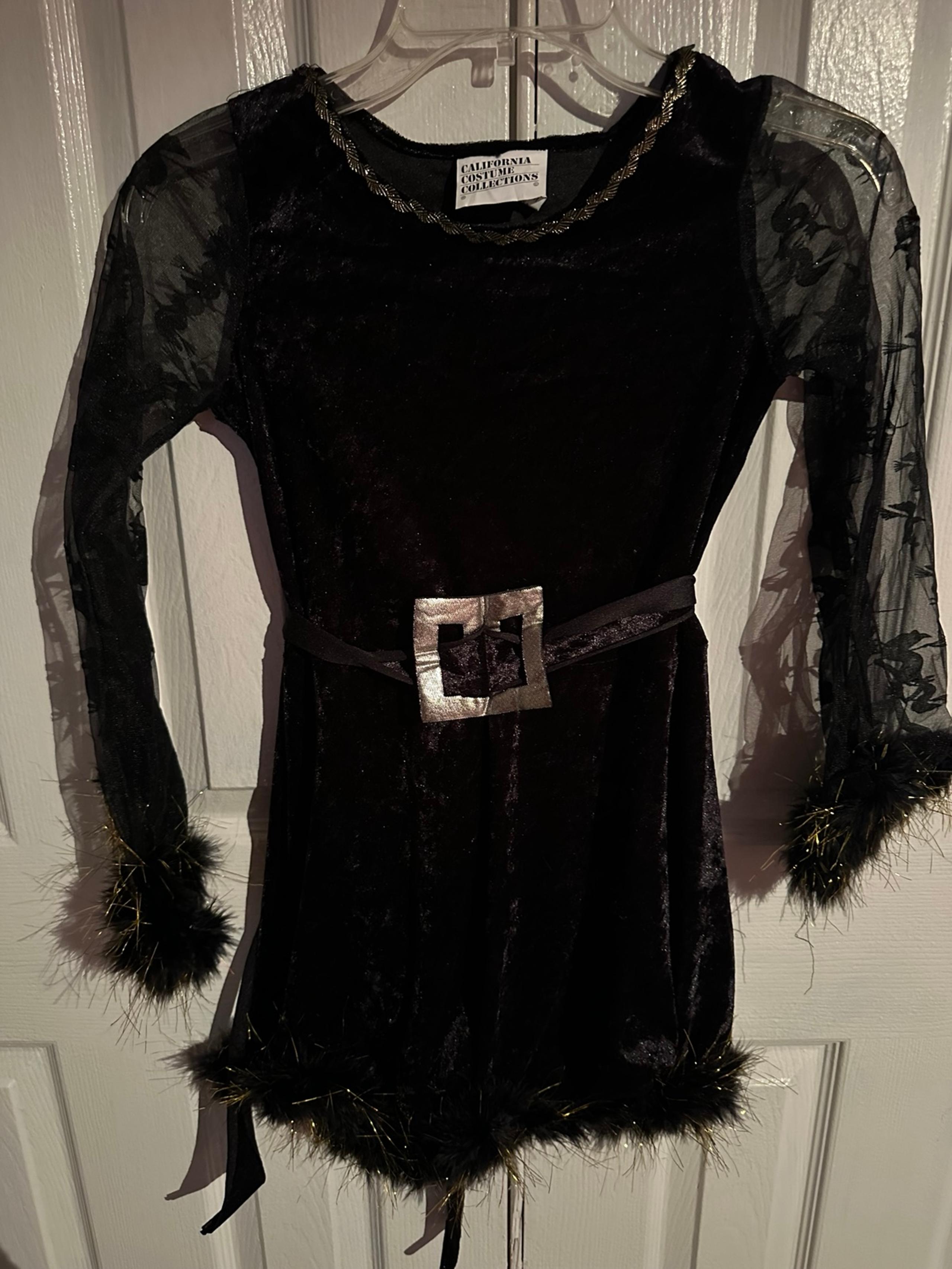 Girls witch costume black velvet with feathers size medium