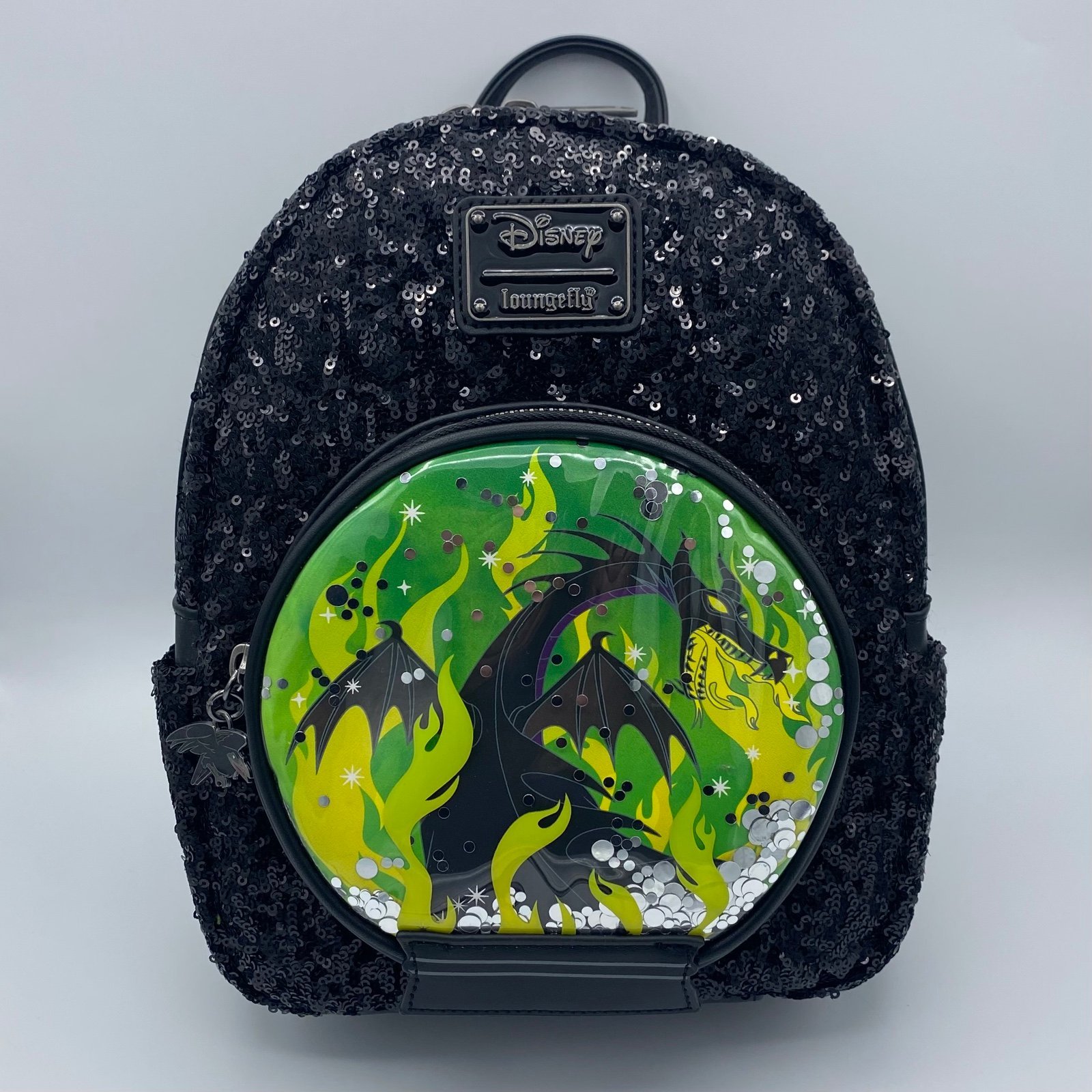 Disney Villains Loungefly Malificent Sequined Dragon Snowglobe Mini Backpack NWT