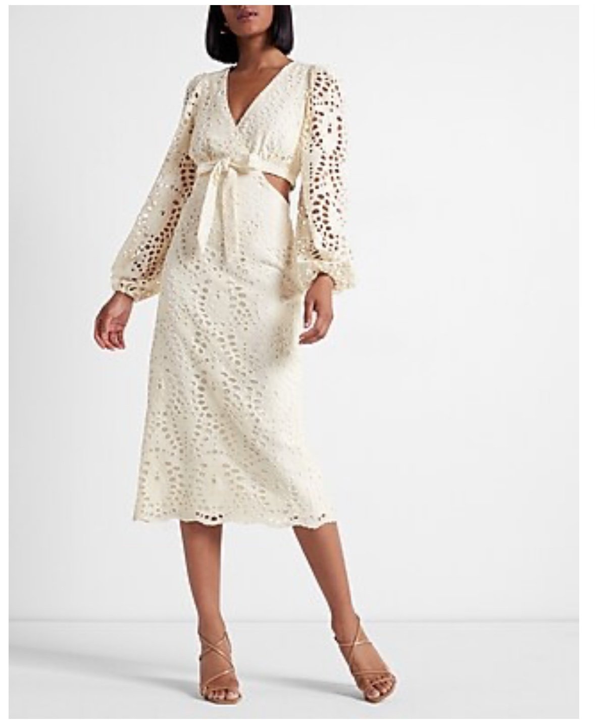 Express Eyelet Cutout Long Sleeve Bow Tie Cream Lace Midi Dress Size XSmall NWT