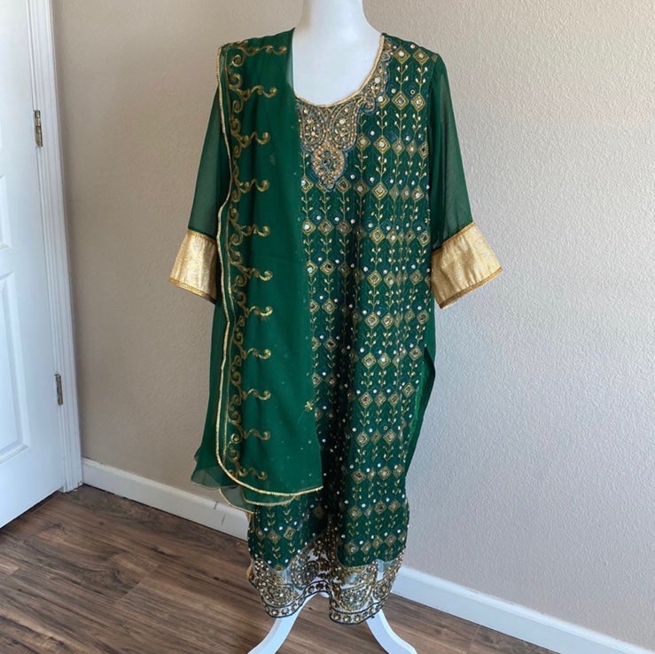 New Dark Green Mirror Work Shalwar Kameez 3pc Suit