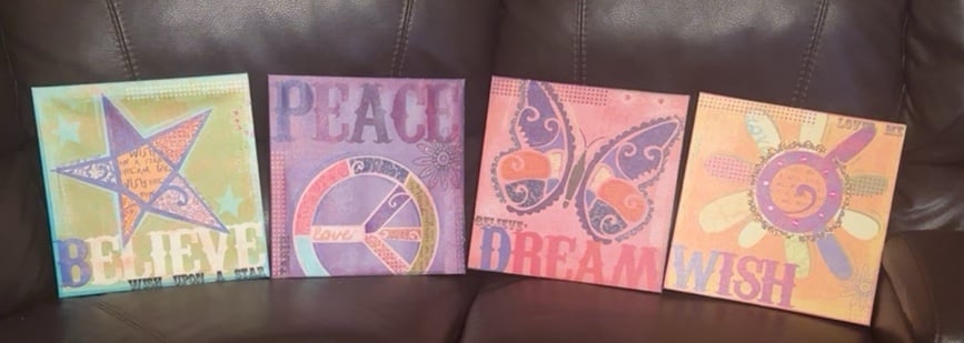 Set of 4 Wall Hangings Dream, Believe, Wish, Peace for Tween Girl Room