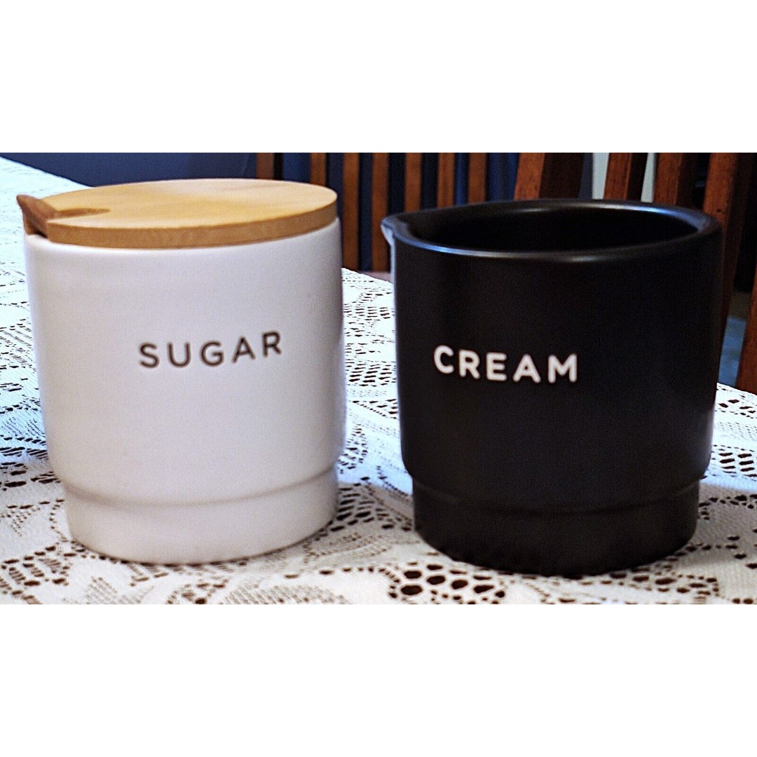 4 Piece Earthenware Black Sugar Bowl w/ Lid & Spoon and White Creamer Set