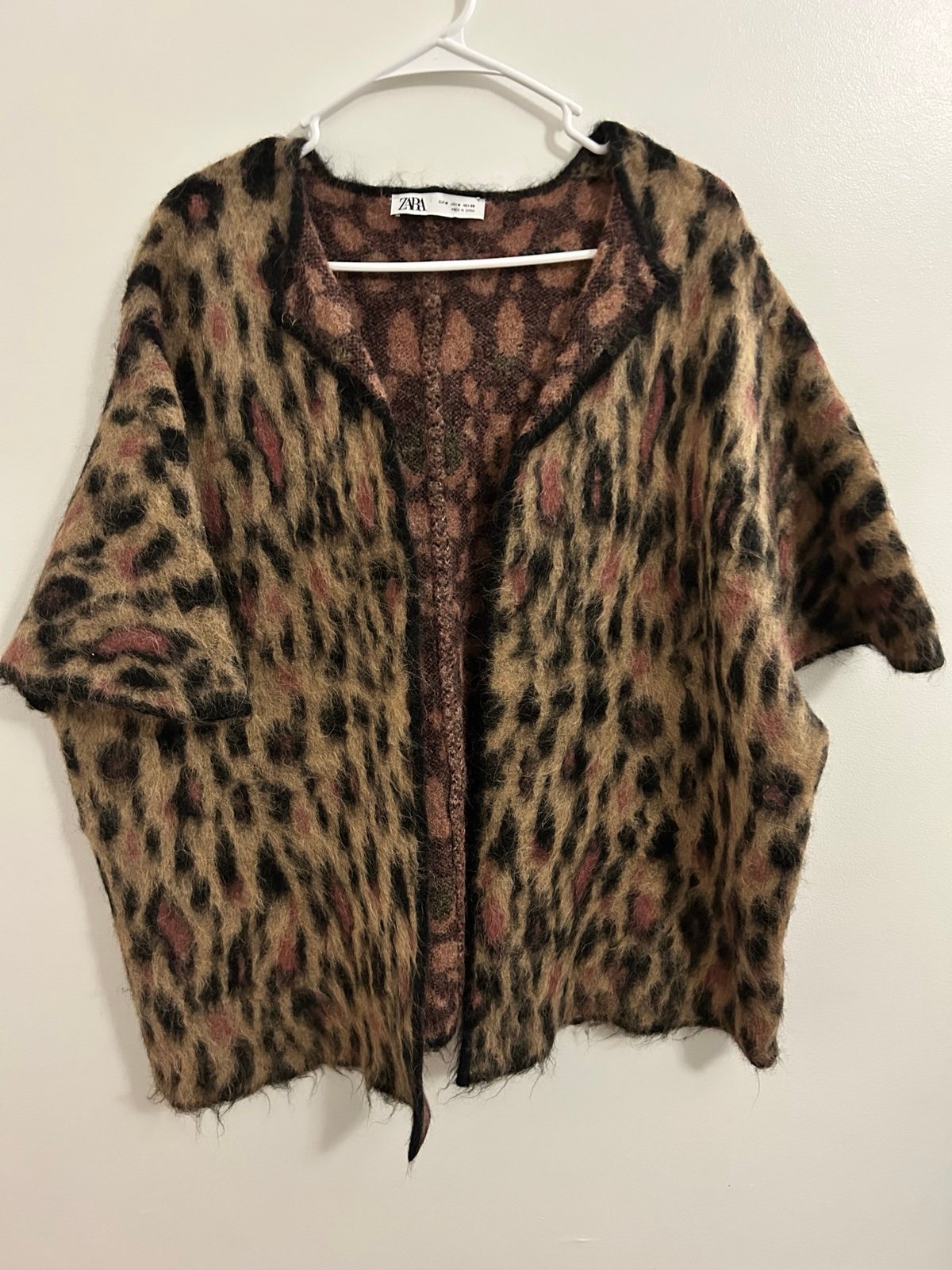 ZARA BROWN LIMITED EDITION ANIMAL PRINT ALPACA WOOL BLEND KNIT CAPE COAT SIZE M