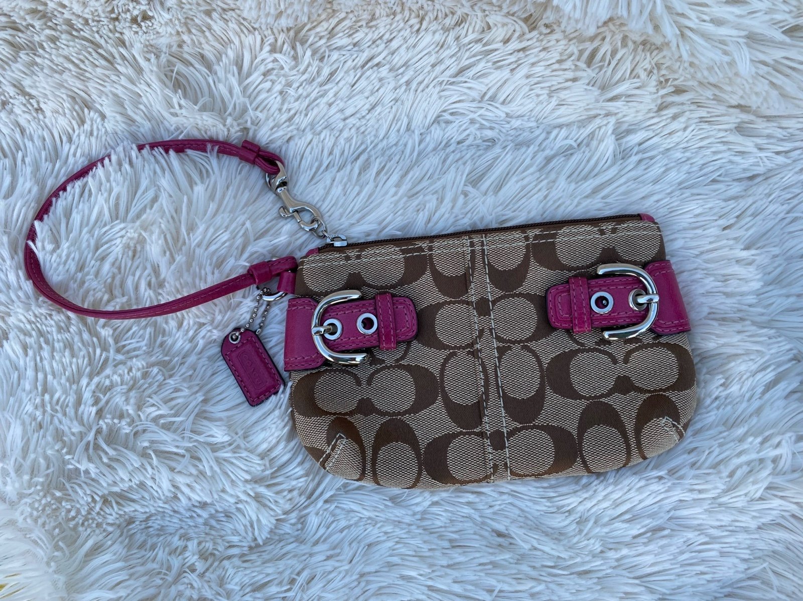 Coach Signature Canvas Wristlet Tan & Fuchsia Leather