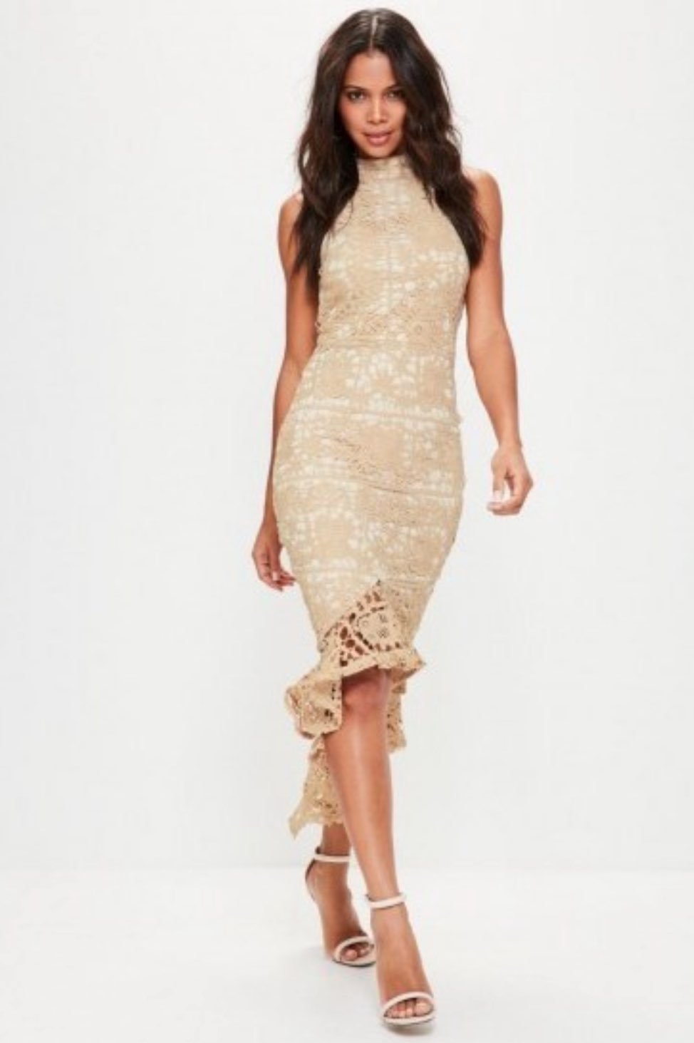 Missguided Nude Halter Lace Midi Fishtail Dress