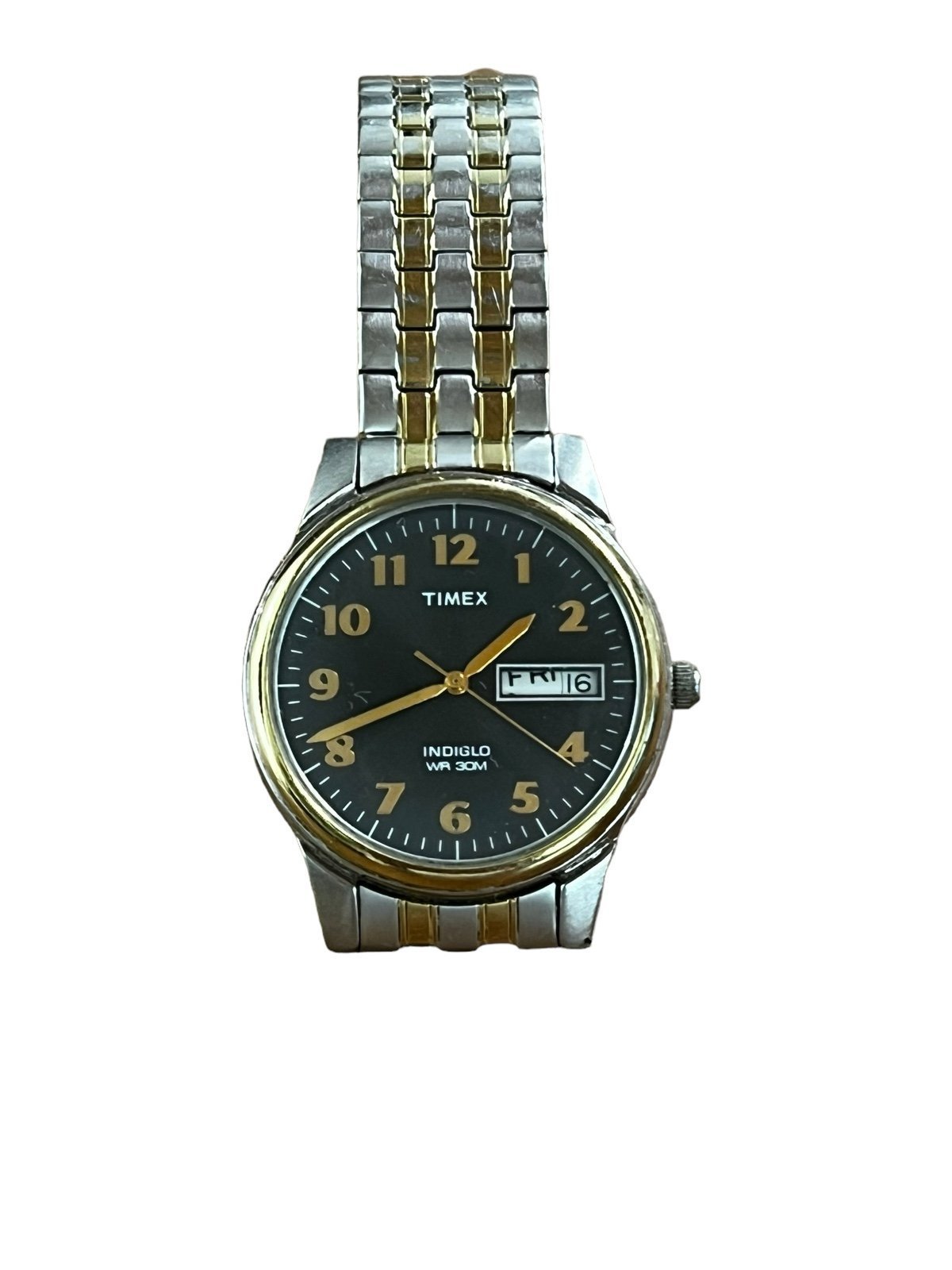 Timex Vintage Indiglo Men 30m Dual Tone Steel Band Analog Quartz Watch Day Date