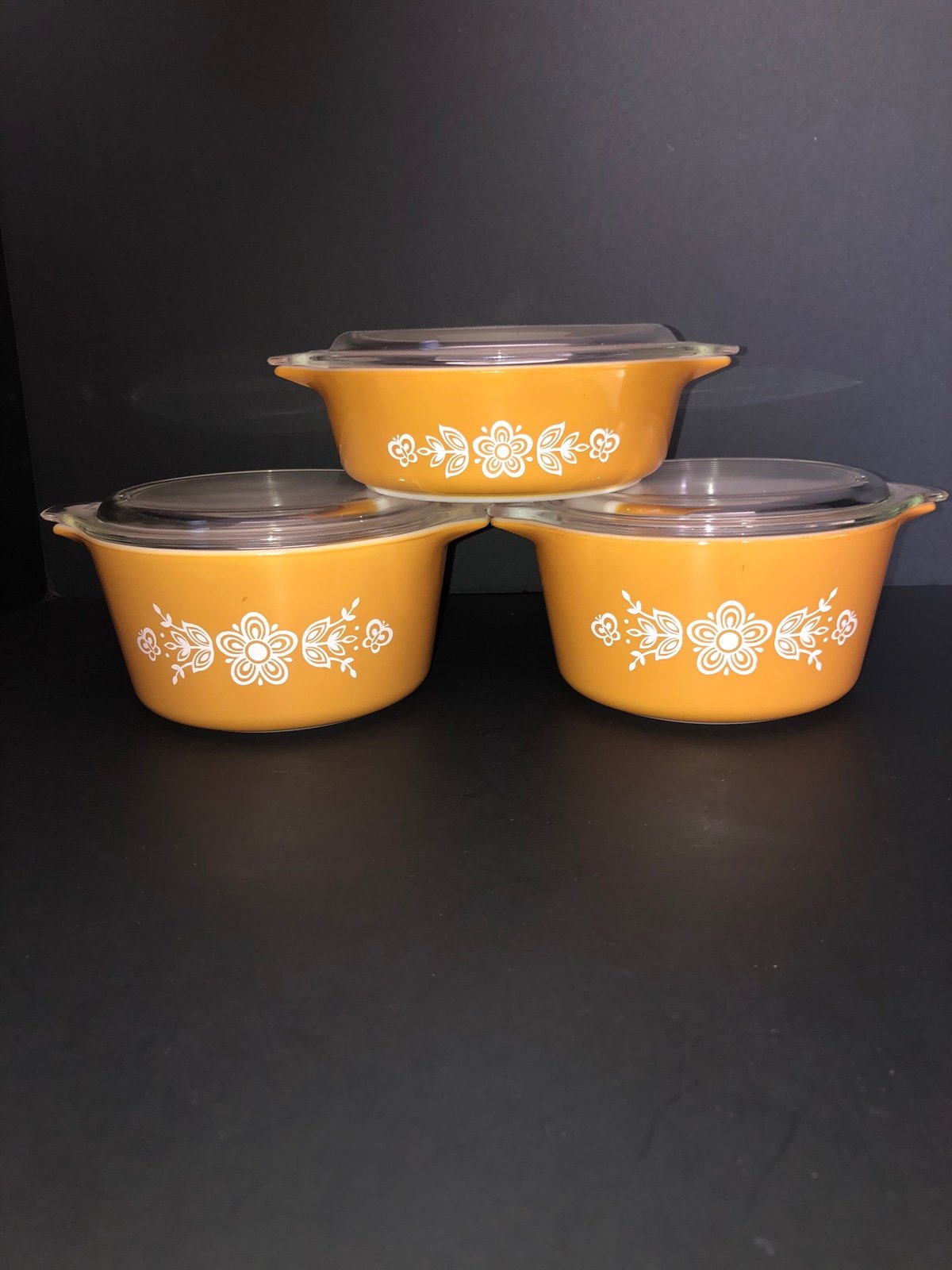 Vintage 3 Pyrex Gold Butterfly Casserole Dishes