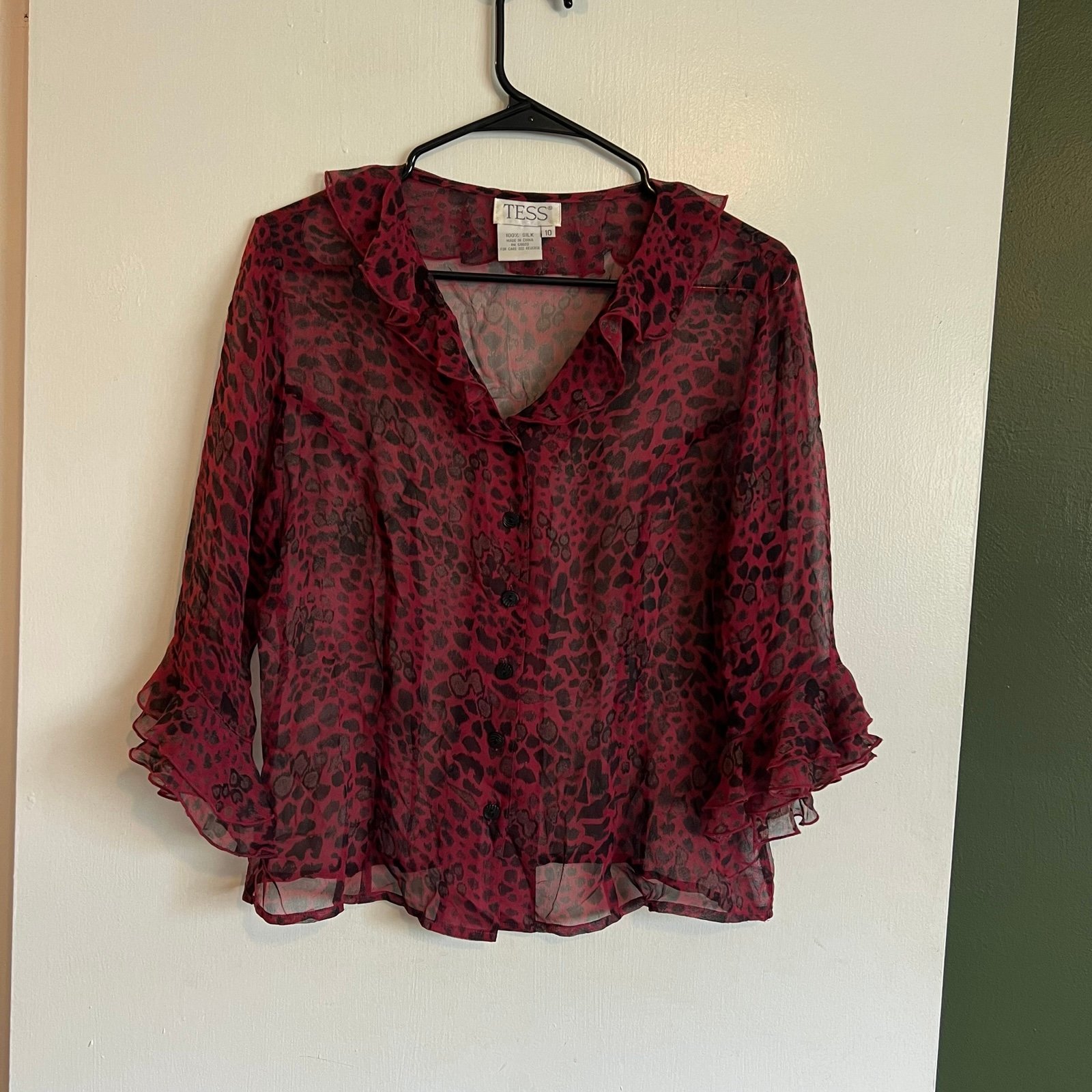 Vintage TESS red abstract animal print ruffle sheer button down blouse size 10