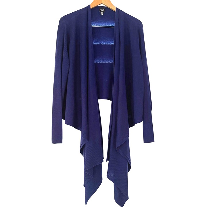 Eileen Fisher Women's 100% Merino Wool Blue Open Drape Front Cardigan, Size L