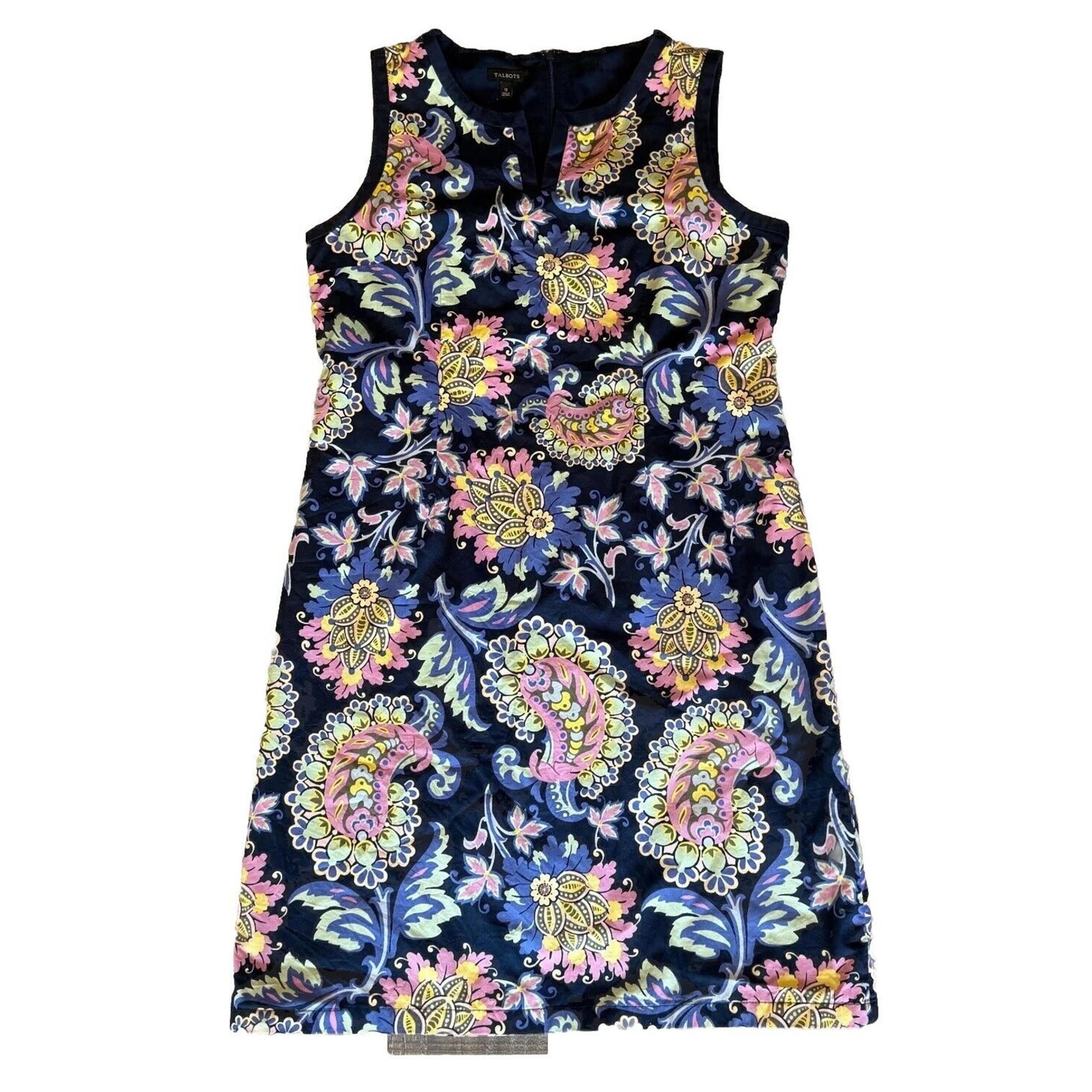 Talbots Sheath Dress Womens Size 12 Navy Floral Boho Sleeveless V Neck Back Zip