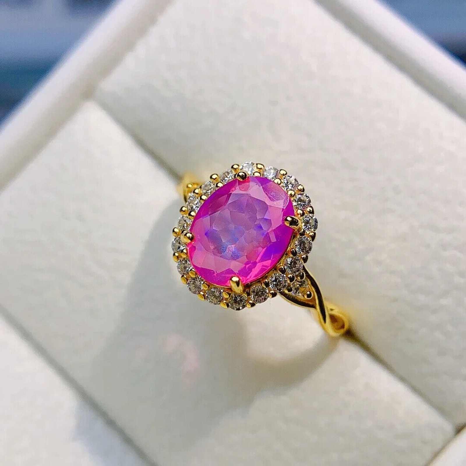Pink Fire Opal Cocktail Ring 7x11mm, 925 Sterling Silver Pink Opal Ring