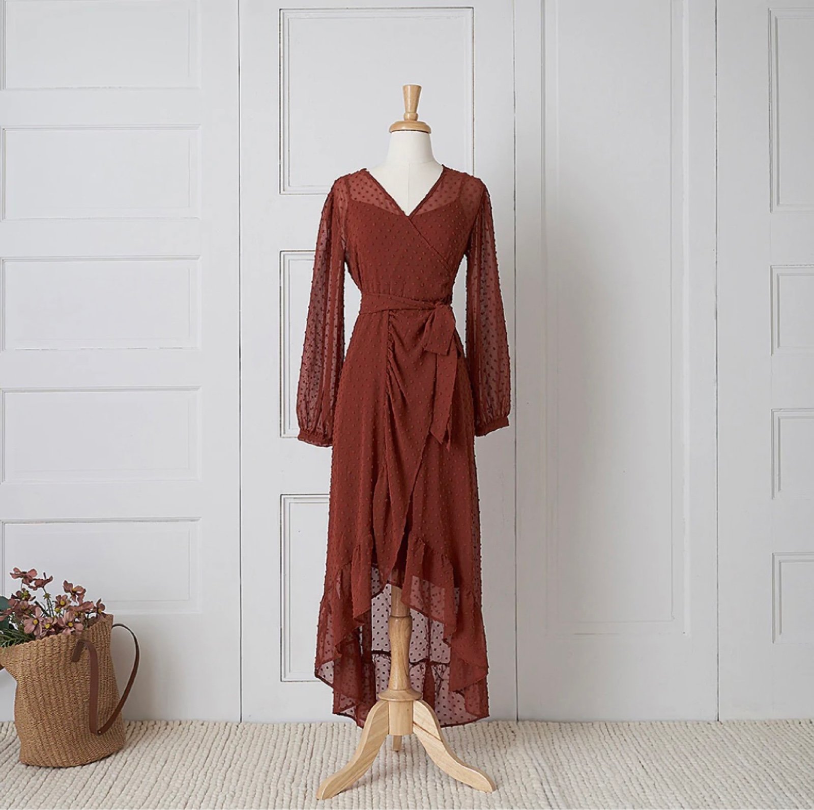 Elestory Chiffon Clipdot/Swiss dot Wrap Dress Rust Red Size XS