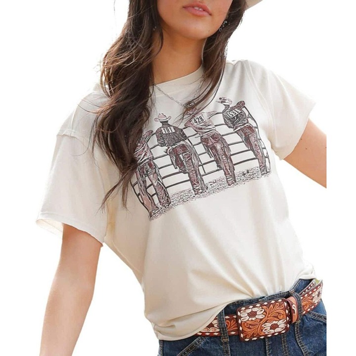 Cruel Denim Women's XL Short Sleeve Crop Cowboy Fence Graphic T-Shirt Cream