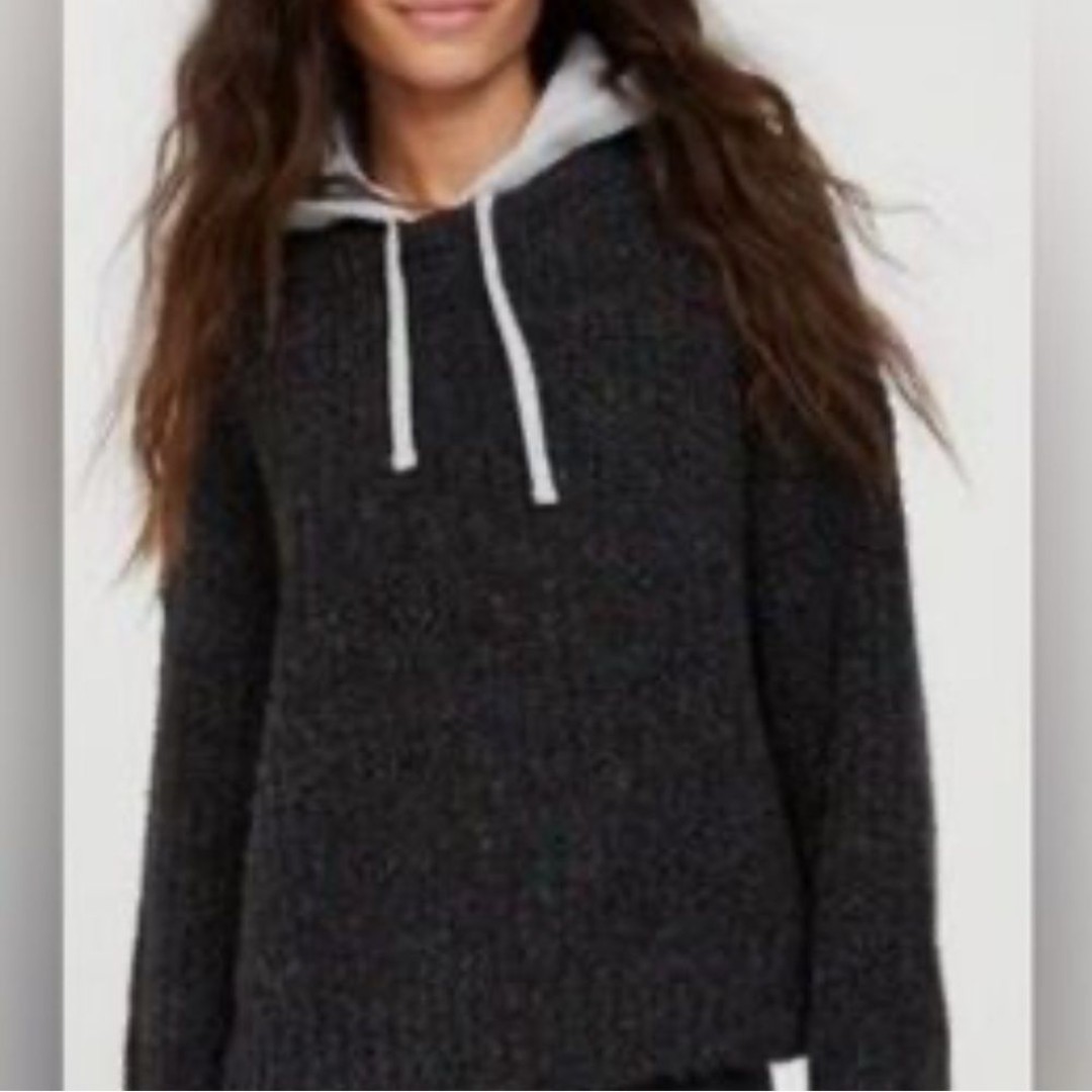 Aerie Offline Gray Multicolor Speckled Ribbed Woven Pullover Hooded Sweater XL