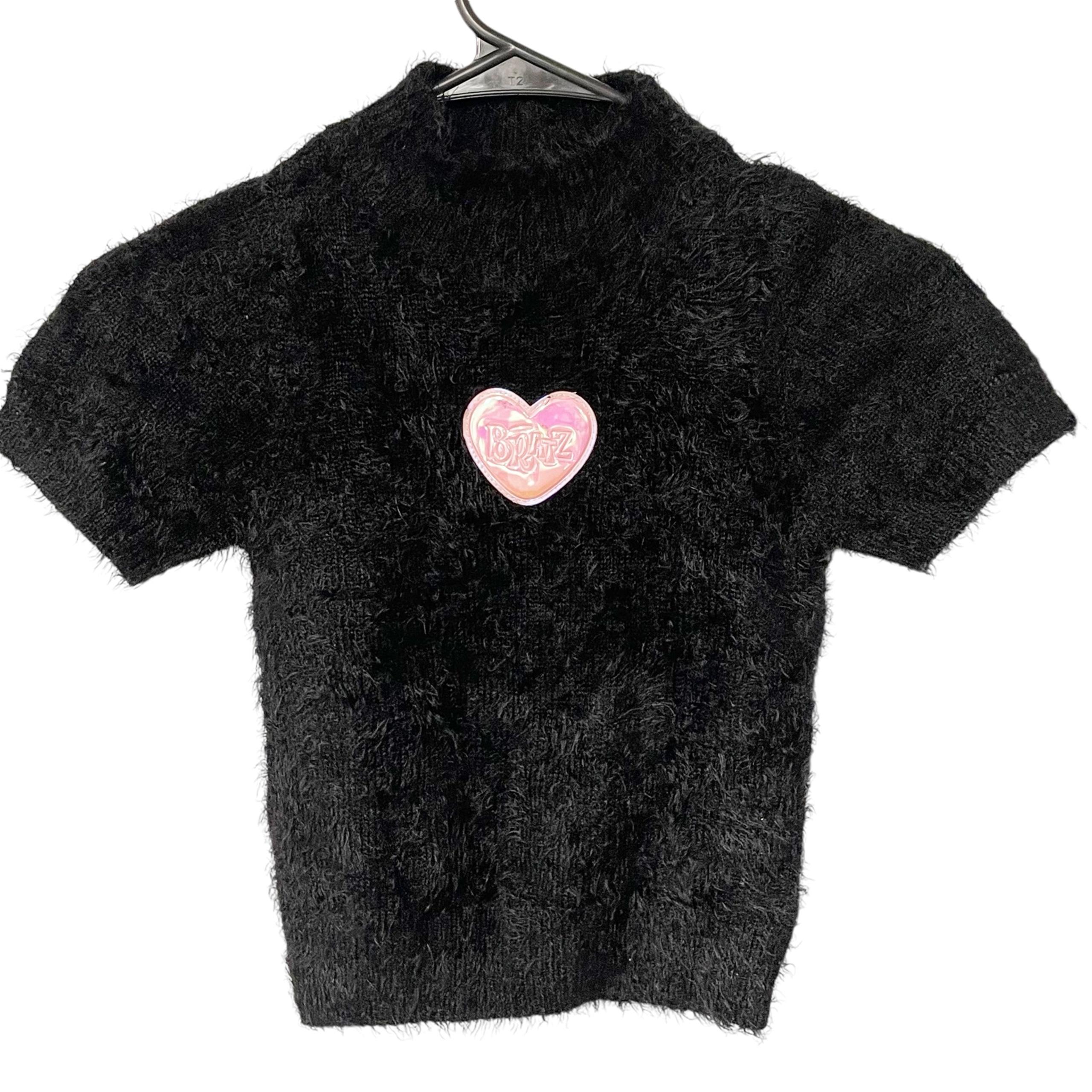 Dolls Kill x Bratz Size XS Black Eyelash Pink Heart Short Sleeve Knit Top