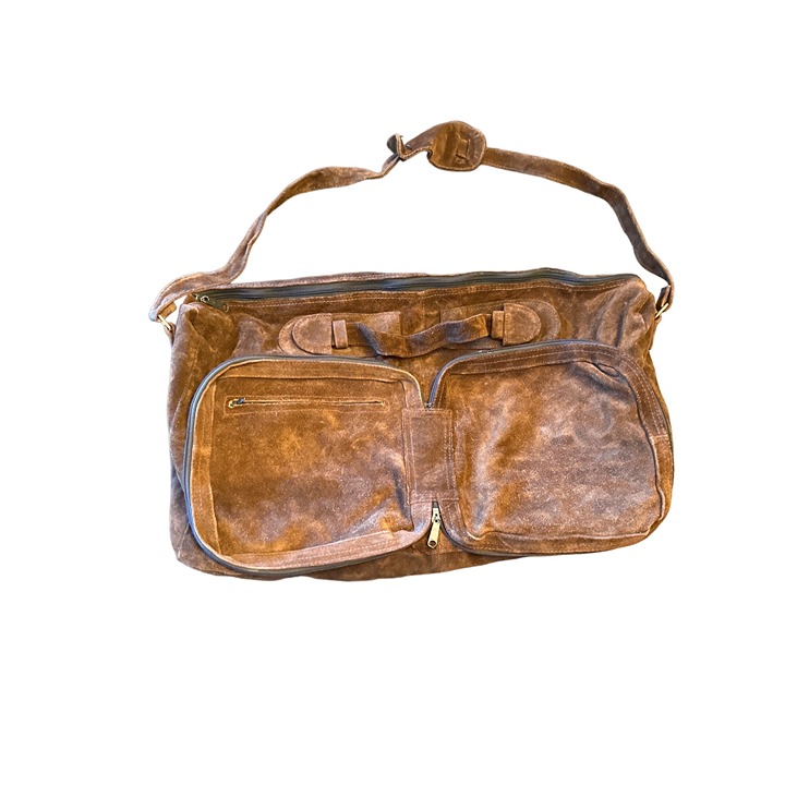 Brown Suede Duffle Weekender Satchel Made in Uruguay Collapsible