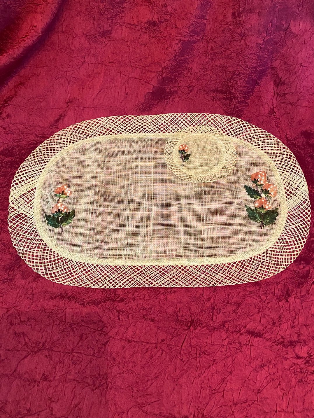 Vintage woven and embroidered placemat & coaster set - 1960’s - 1970’s