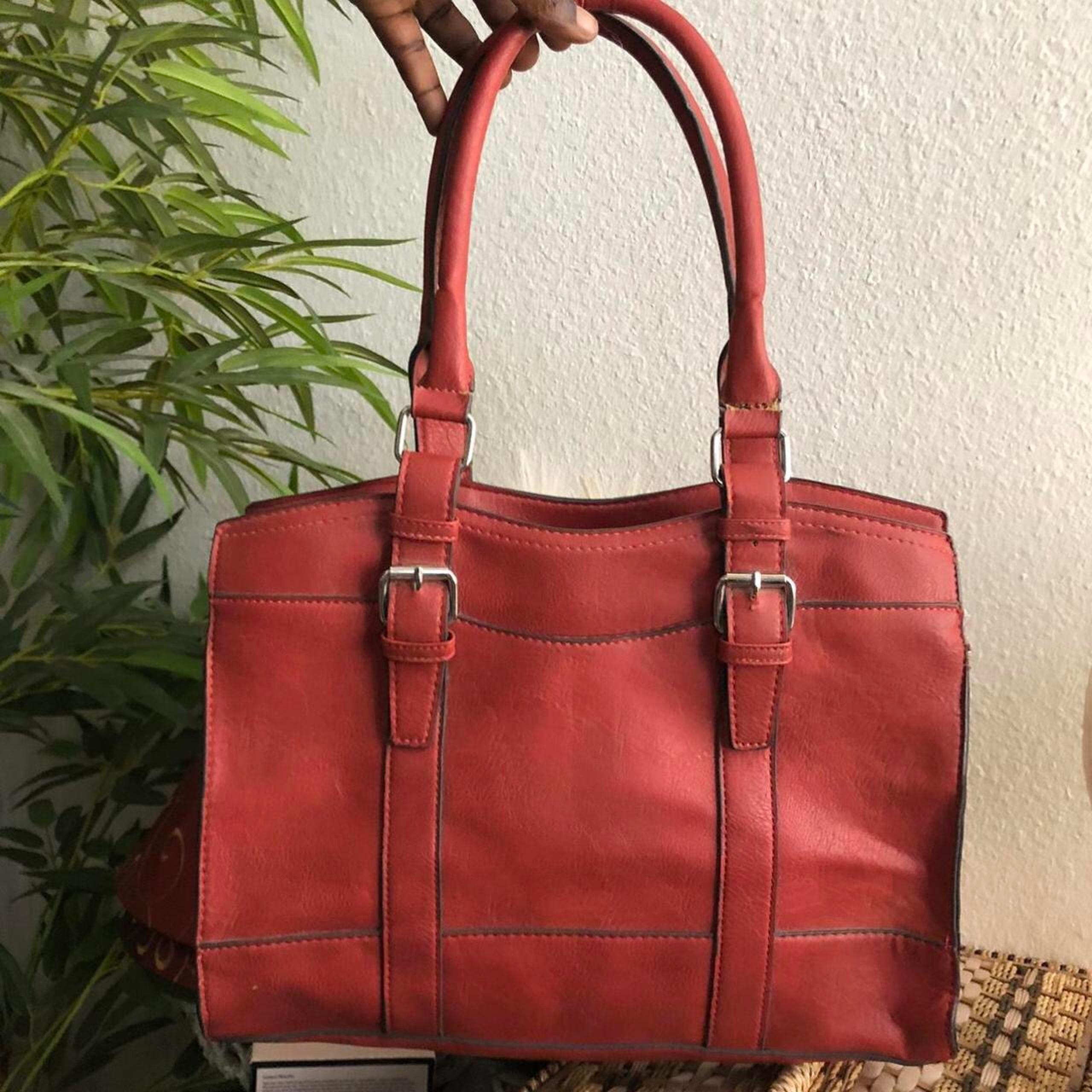Bueno coral red leather shoulder hand bag briefcase purse silver tone buckle