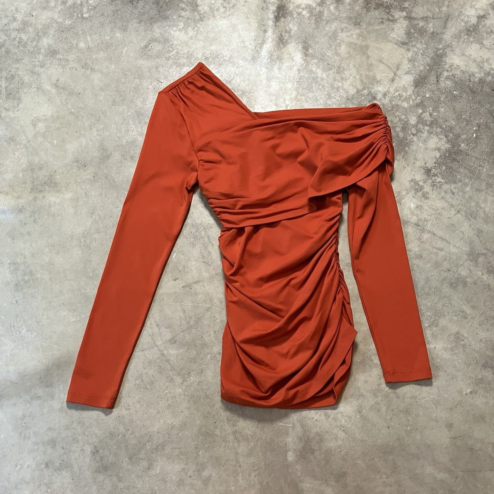 Susana Monaco Shirt Womens Size S Orange Asymmetric Off the Shoulder Ruched