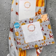Fall Corgi Dog Throw + Queen Bed Sheets Set