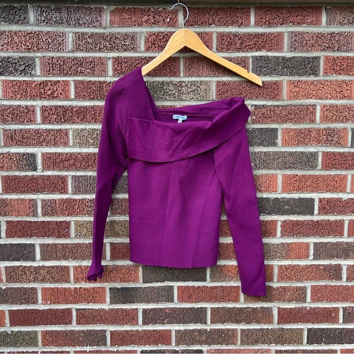 White Birch Purple Ribbed Asymmetrical Off the Shoulder Sweater Top