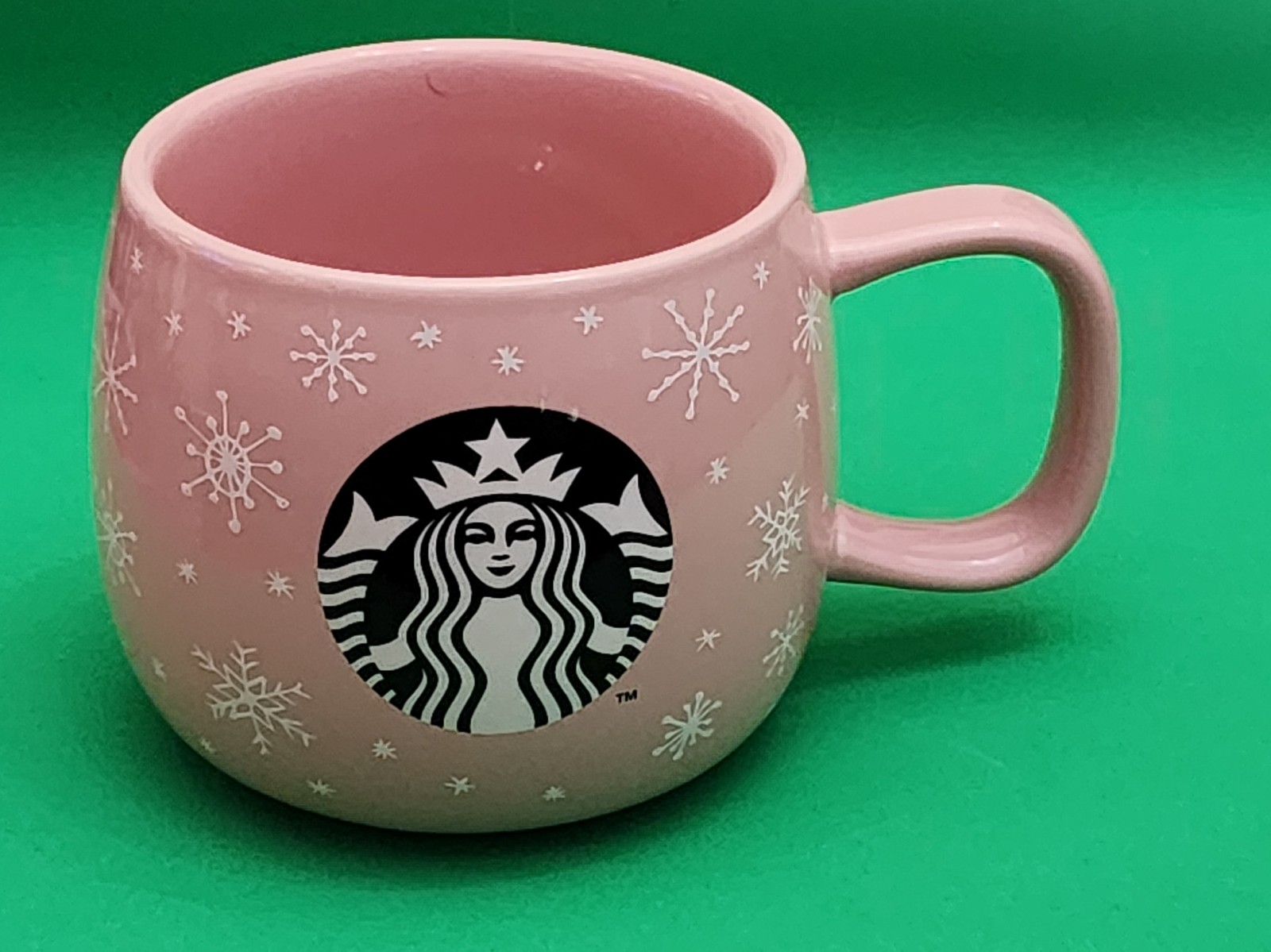 Starbucks 2018 Pink Mug with White Snowflakes & Black Logo on the Front