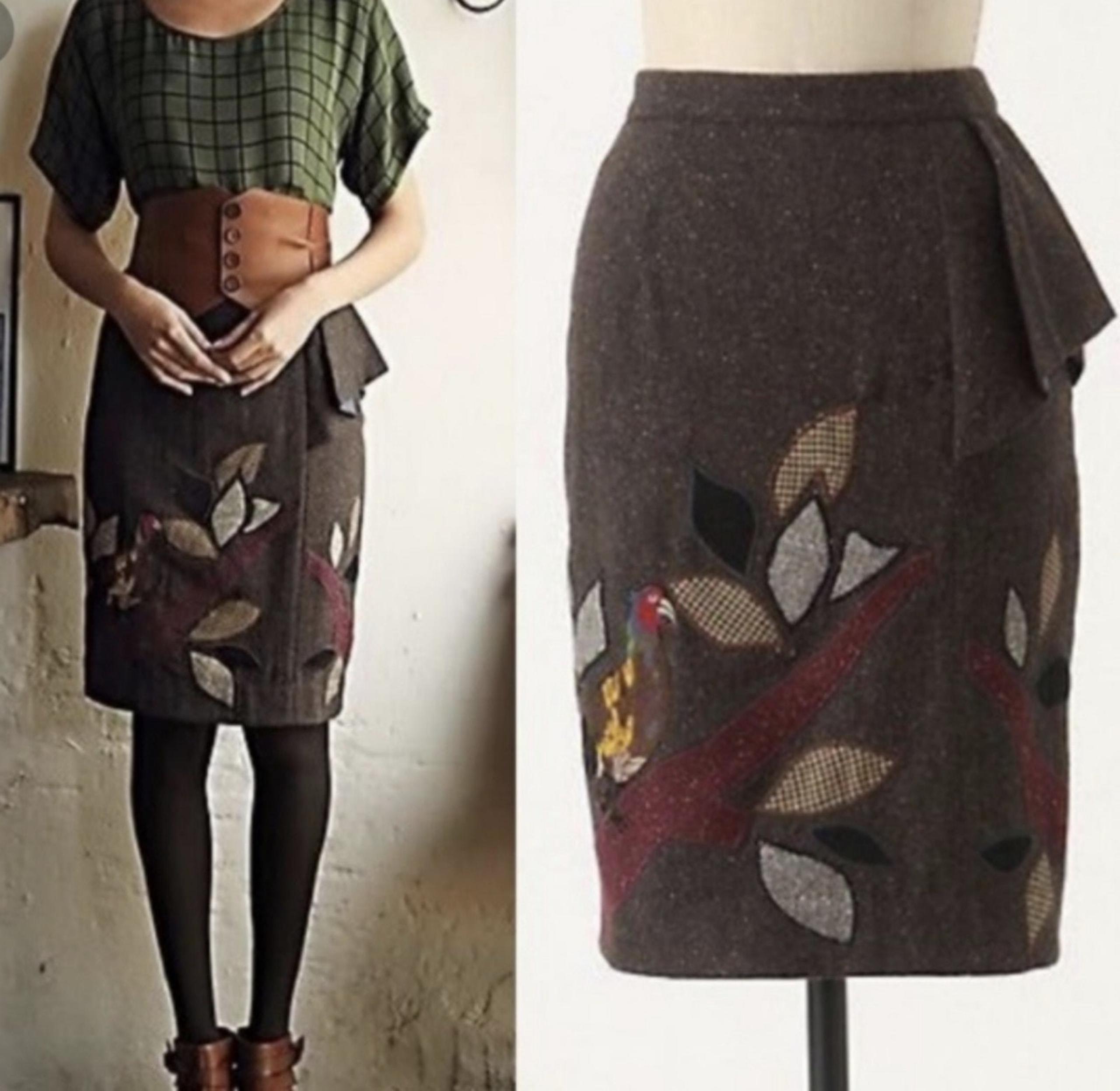 Anthropologie Floreat Brown Tweed Wool Embroidered Bird Appliqué Pencil Skirt