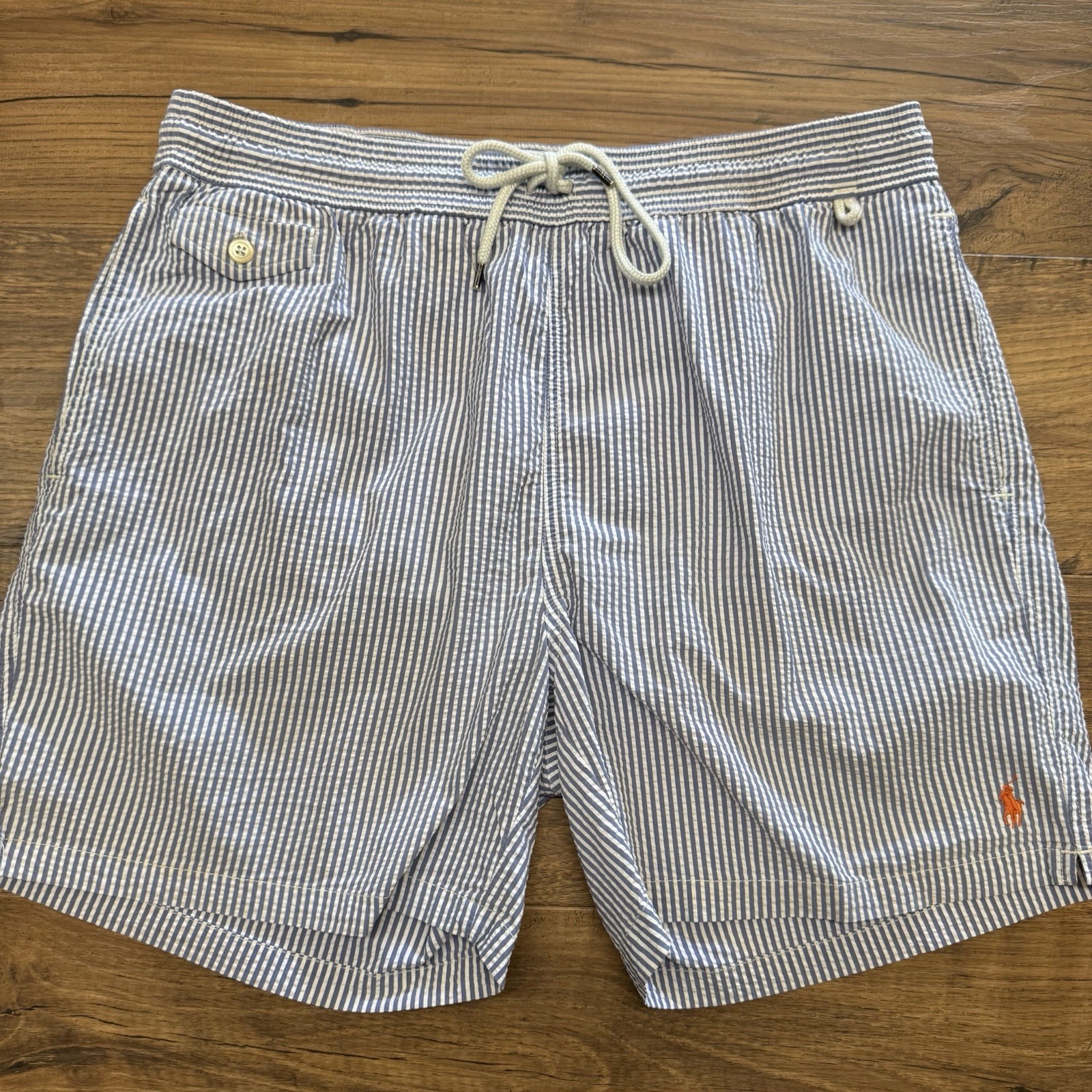 Polo Ralph Lauren Shorts Mens XXL Swim Trunks Seersucker Striped Blue Mesh Lined