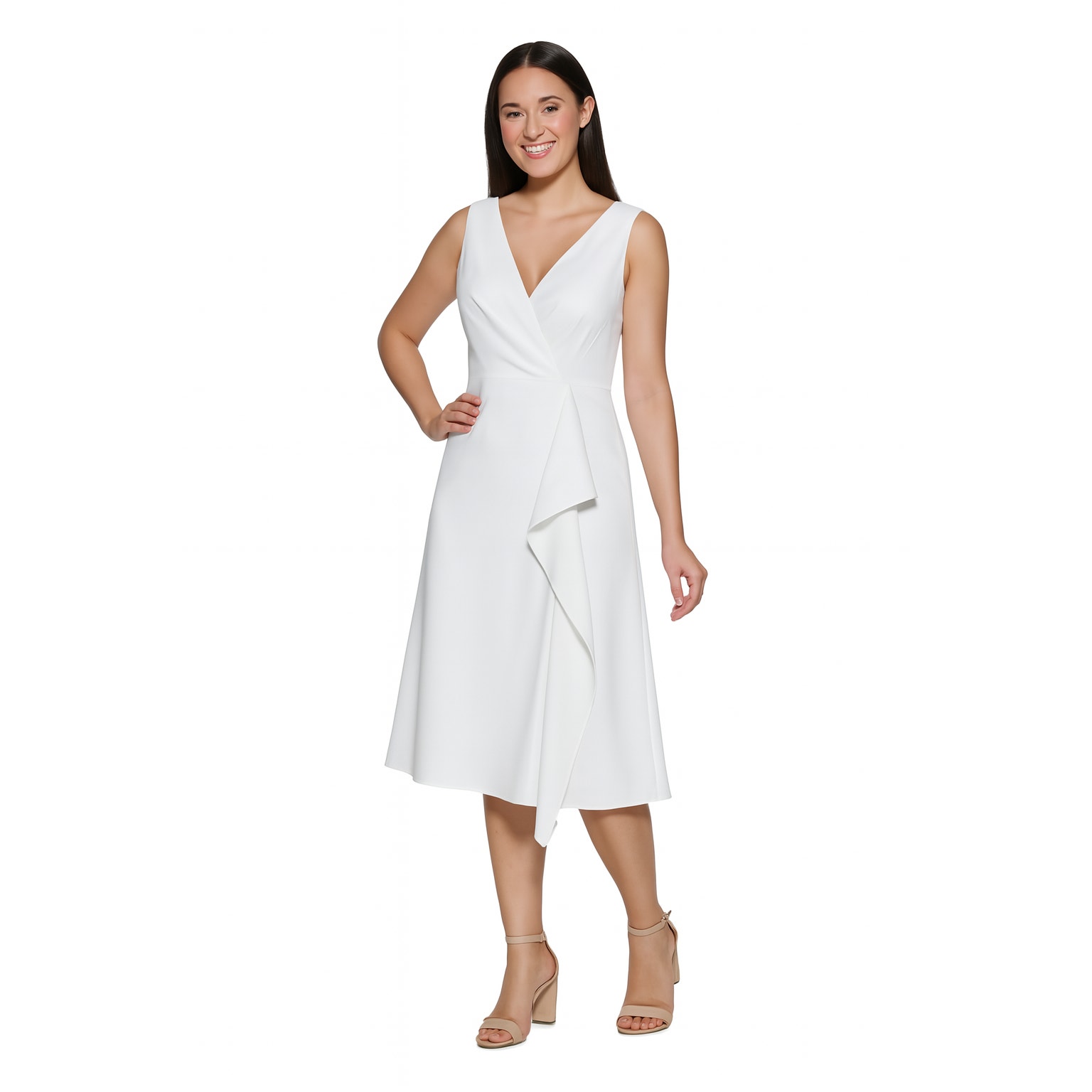 Kensie Faux-Wrap Ruffled MIDI Dress Ivory Women's Size 10 Sleeveless V Neck