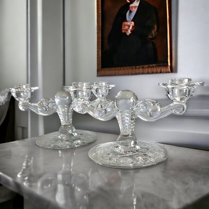 Vintage Tiffin Glass US Glass Hercules Candlesticks Etched Glass Base Cerice
