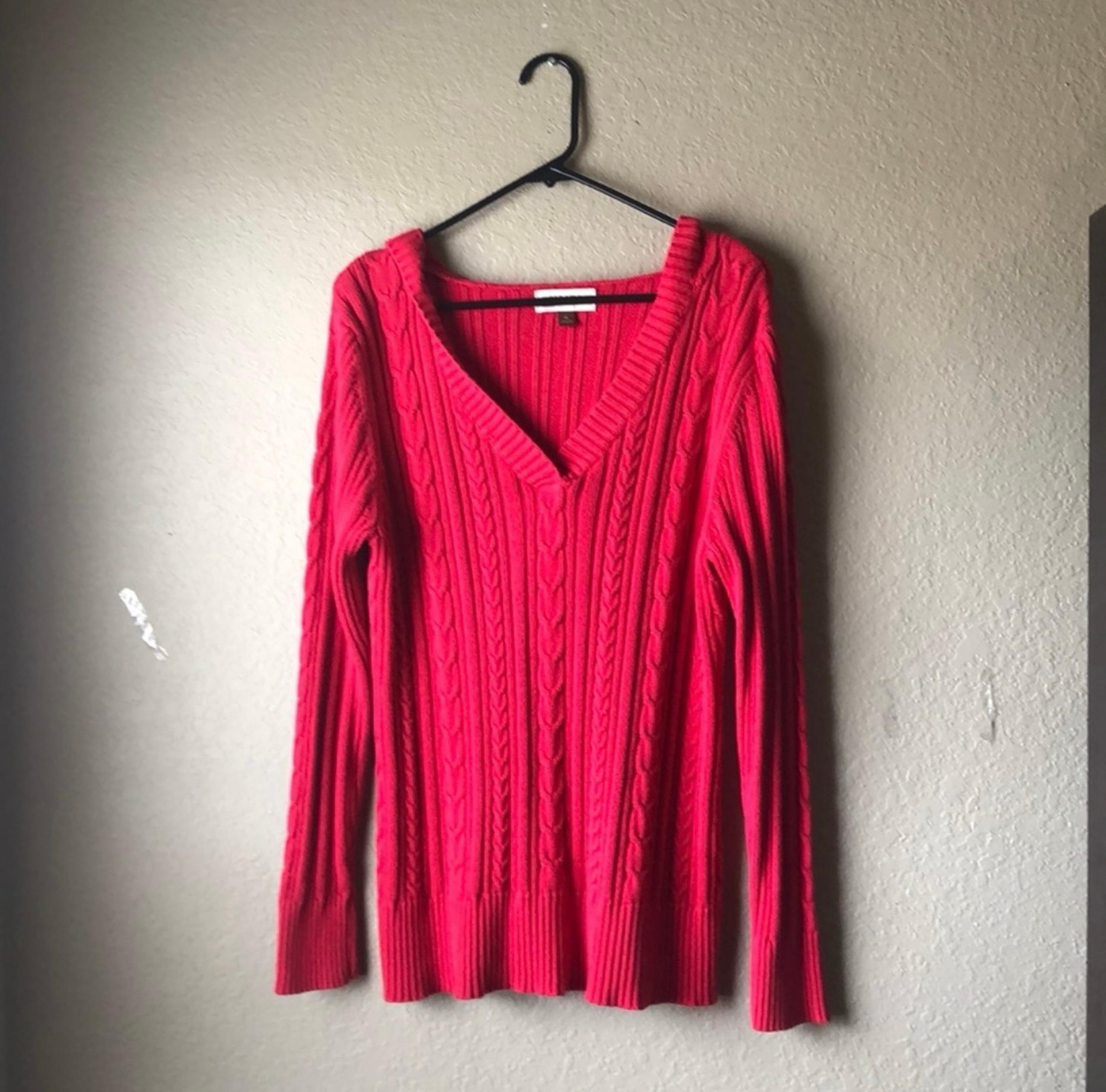 Sonoma Sweater Women’s Y2K Hooded V-Neck Berry Color Cable Knit Sweater Women XL