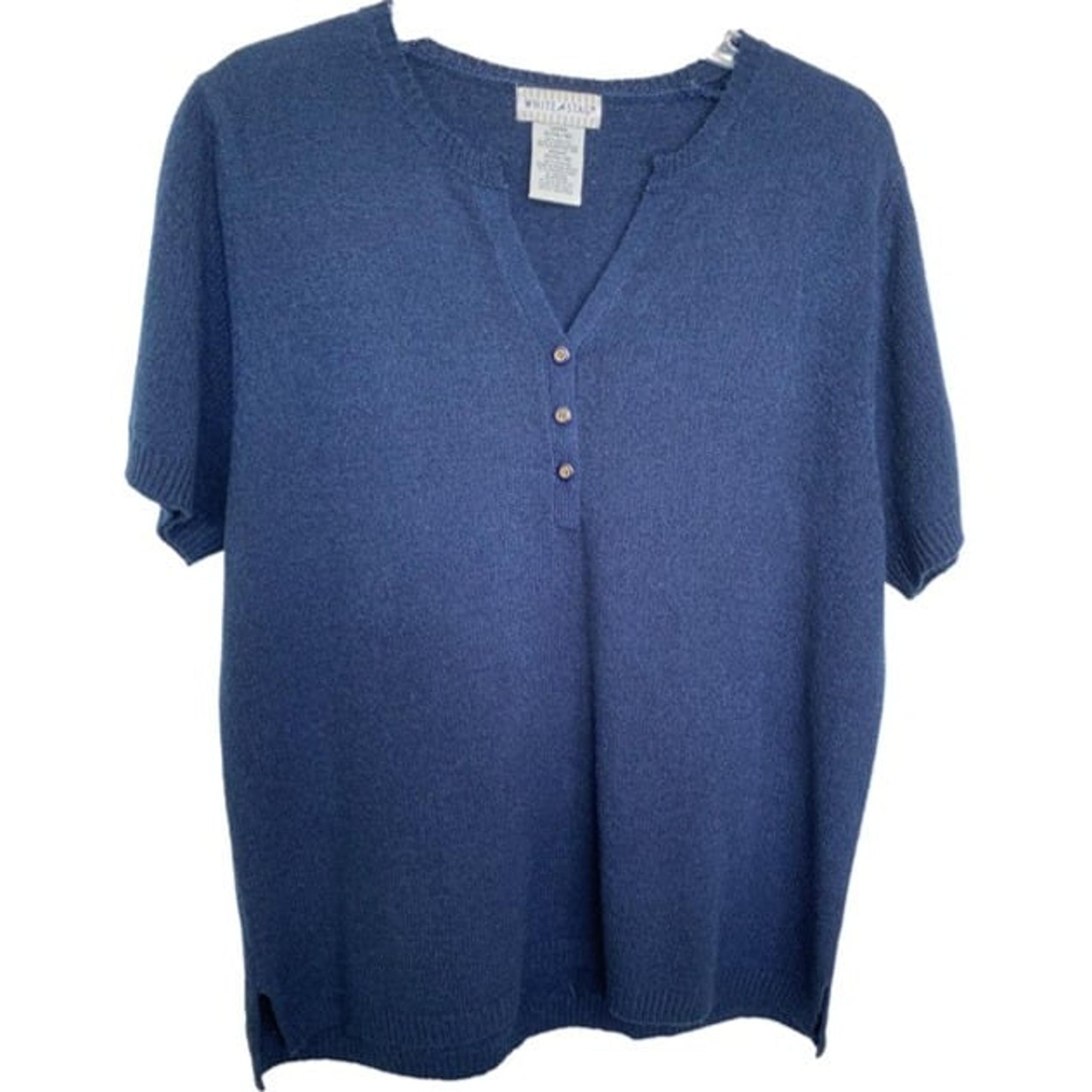 White Stag Vintage Women's Navy-Blue Textured Knit V-Neck Top Size XL