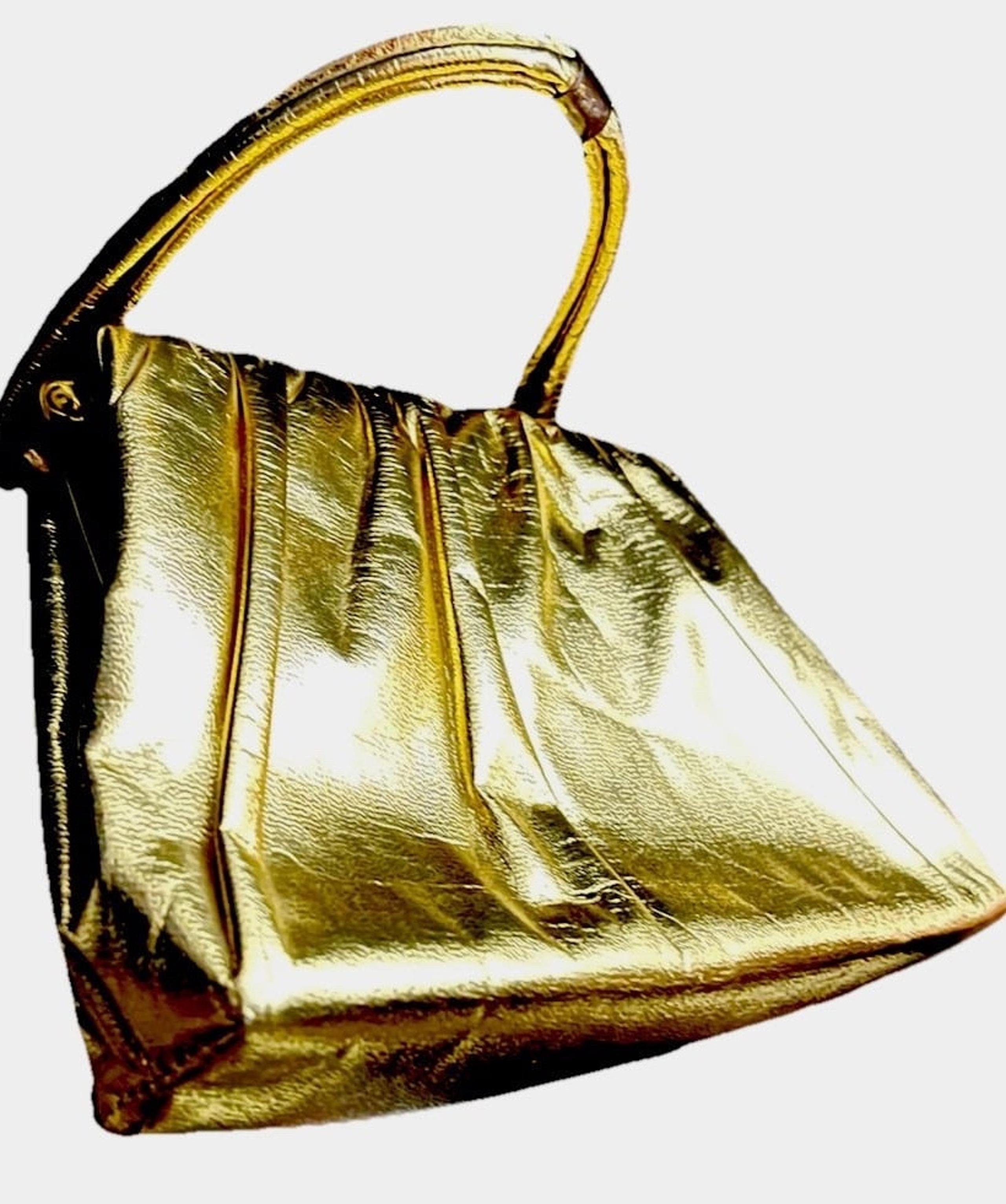 VTG 50s Metallic Gold Evening Purse Handle Black Satin Interior Kiss Closure