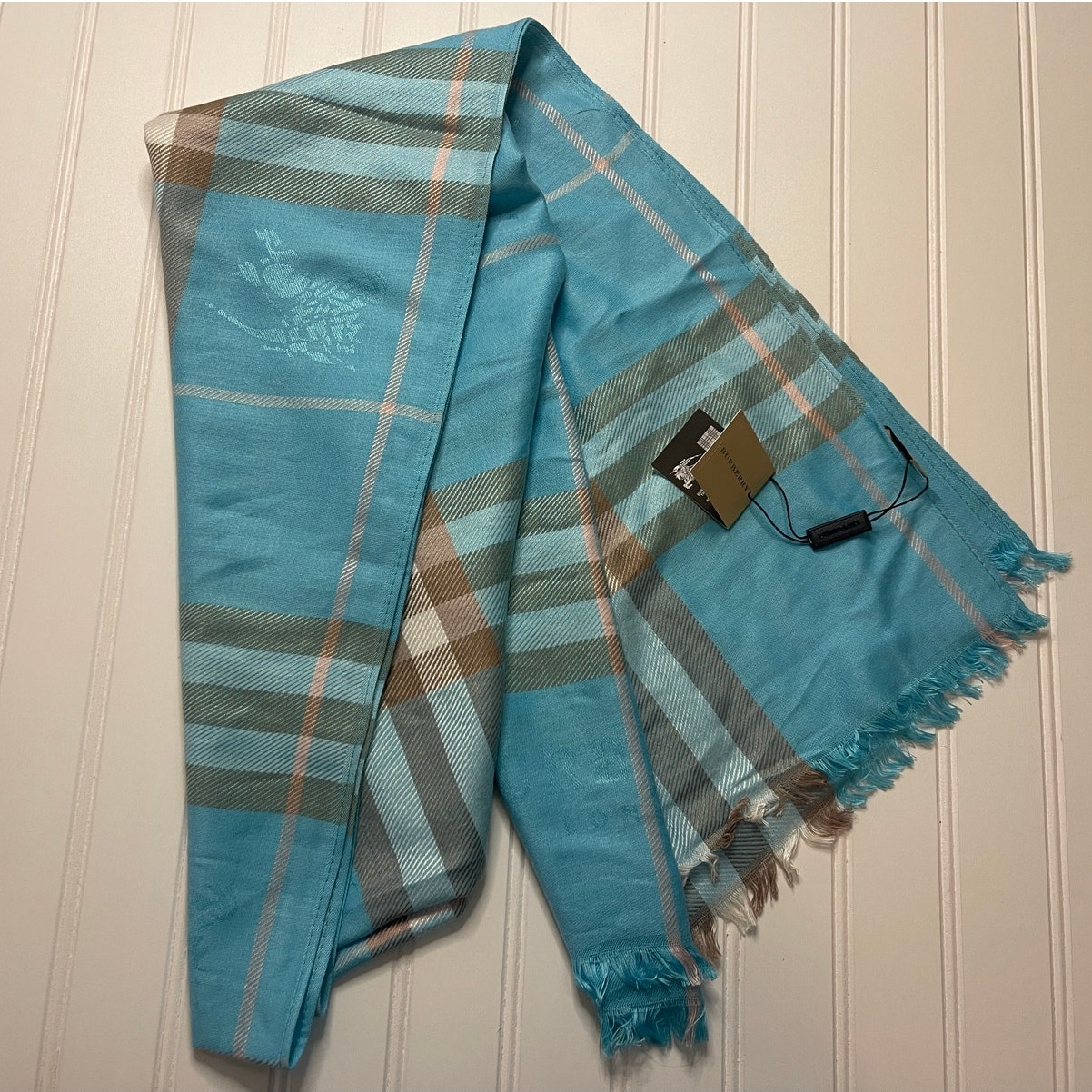 NWT Burberry Blue Raspberry Sorbet Scarf Shawl Cashmere Silk Fringe 28 x72 READ
