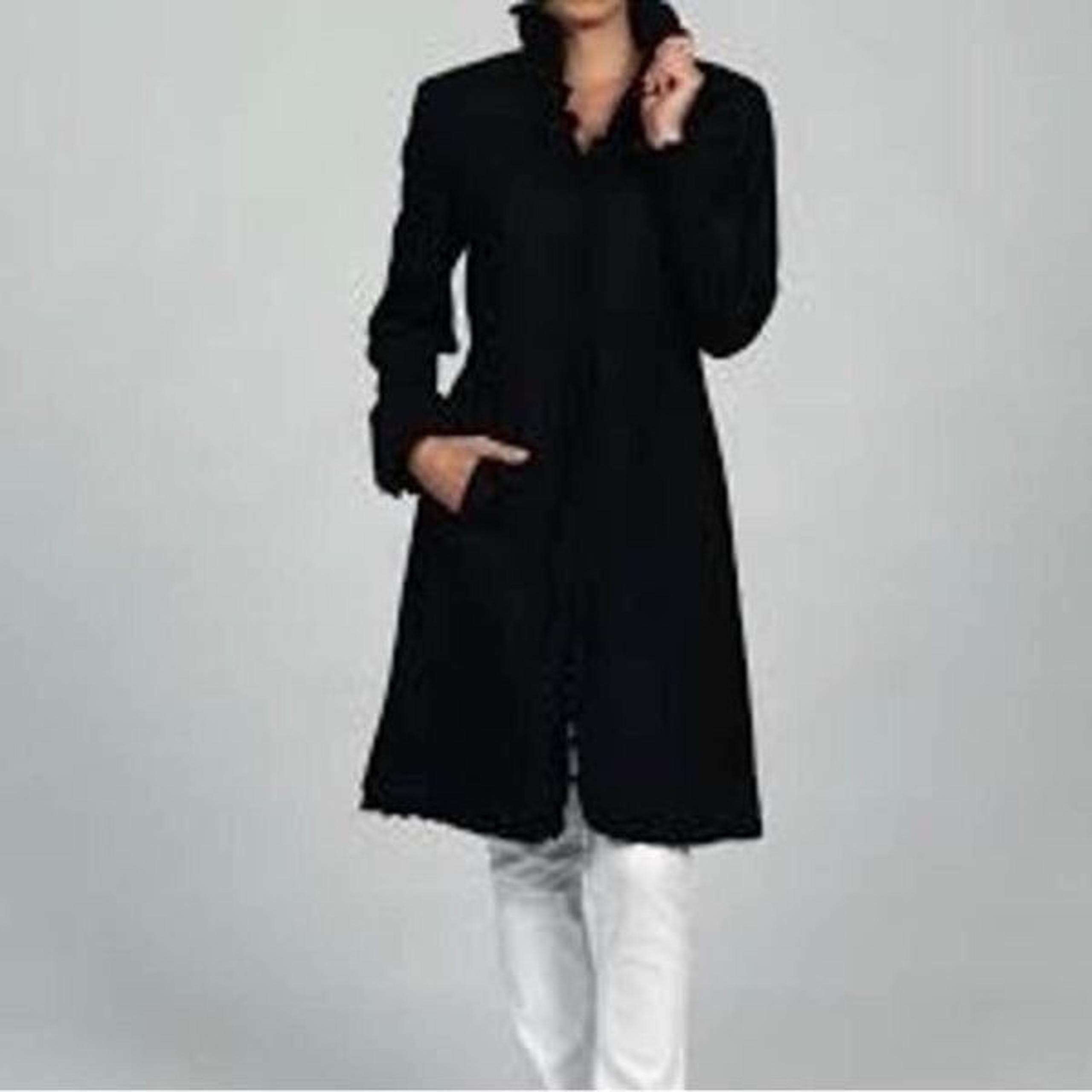 DKNY | Black Wool Blend Ruffle Trim Trench Coat Hook Closures Women’s Size 10