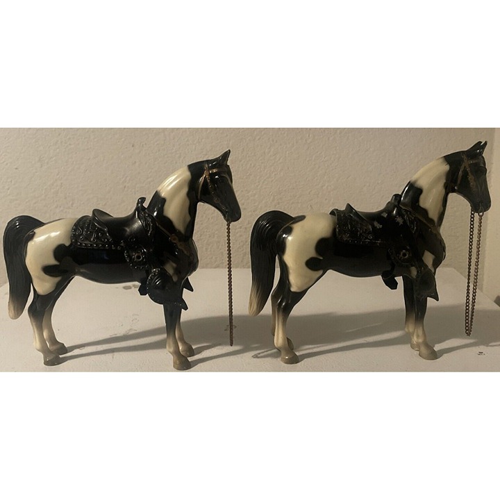 2 Vintage BREYER Horses Unmarked Black/White w/Saddle Chain Reins