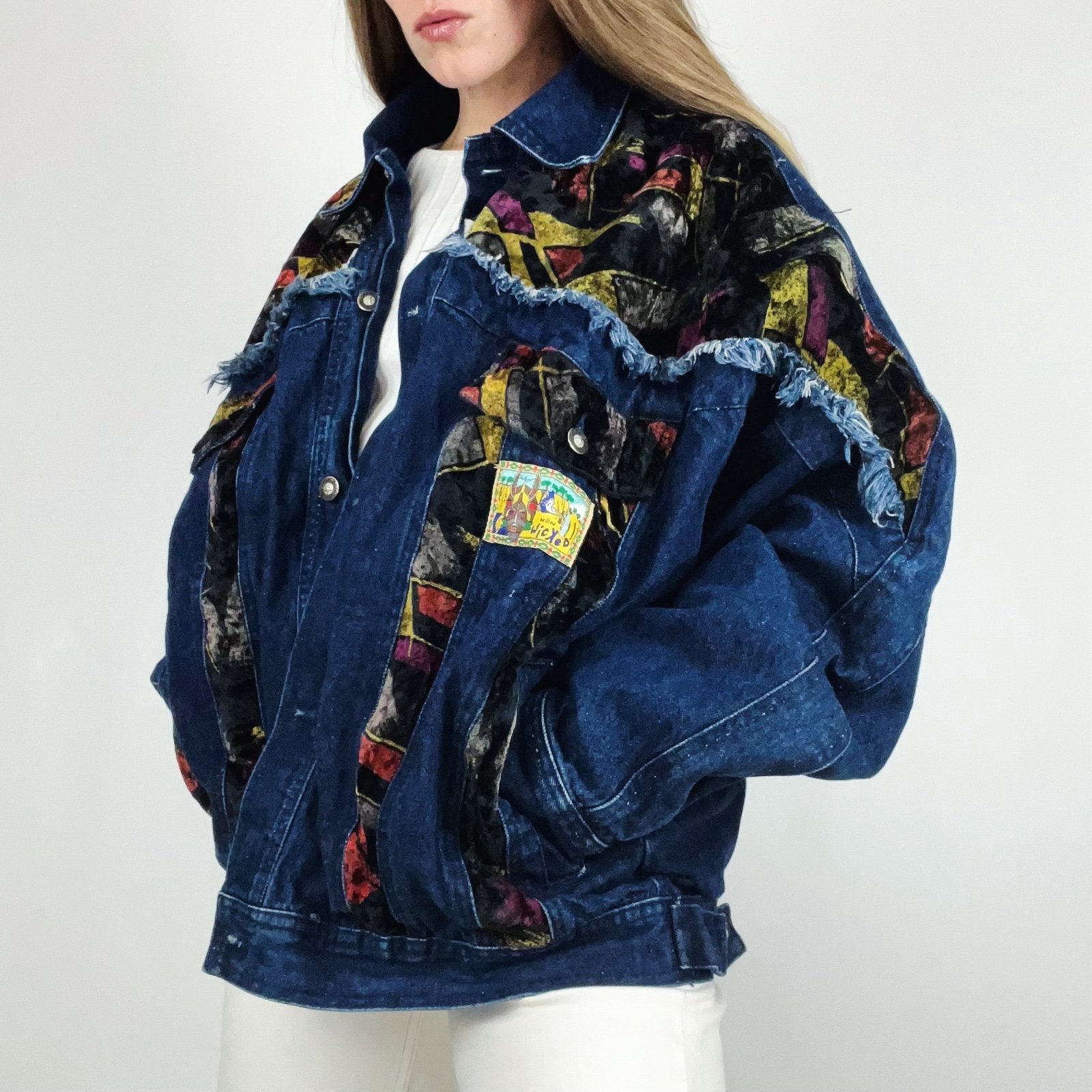 Vintage 80’s Món Wicked Jamaican Rastafarian Denim Patchwork Jacket | Size XXL