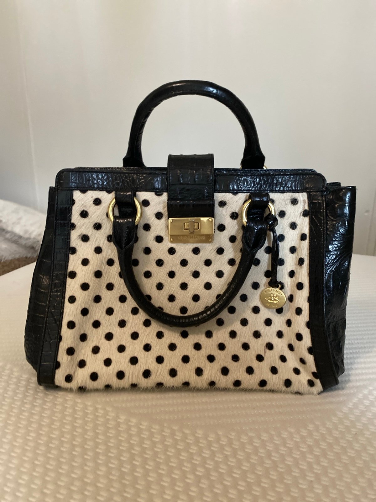 Brahmin Luna Calf Hair Crocodile Embossed Leather Polka Dot Black & Ivory Purse
