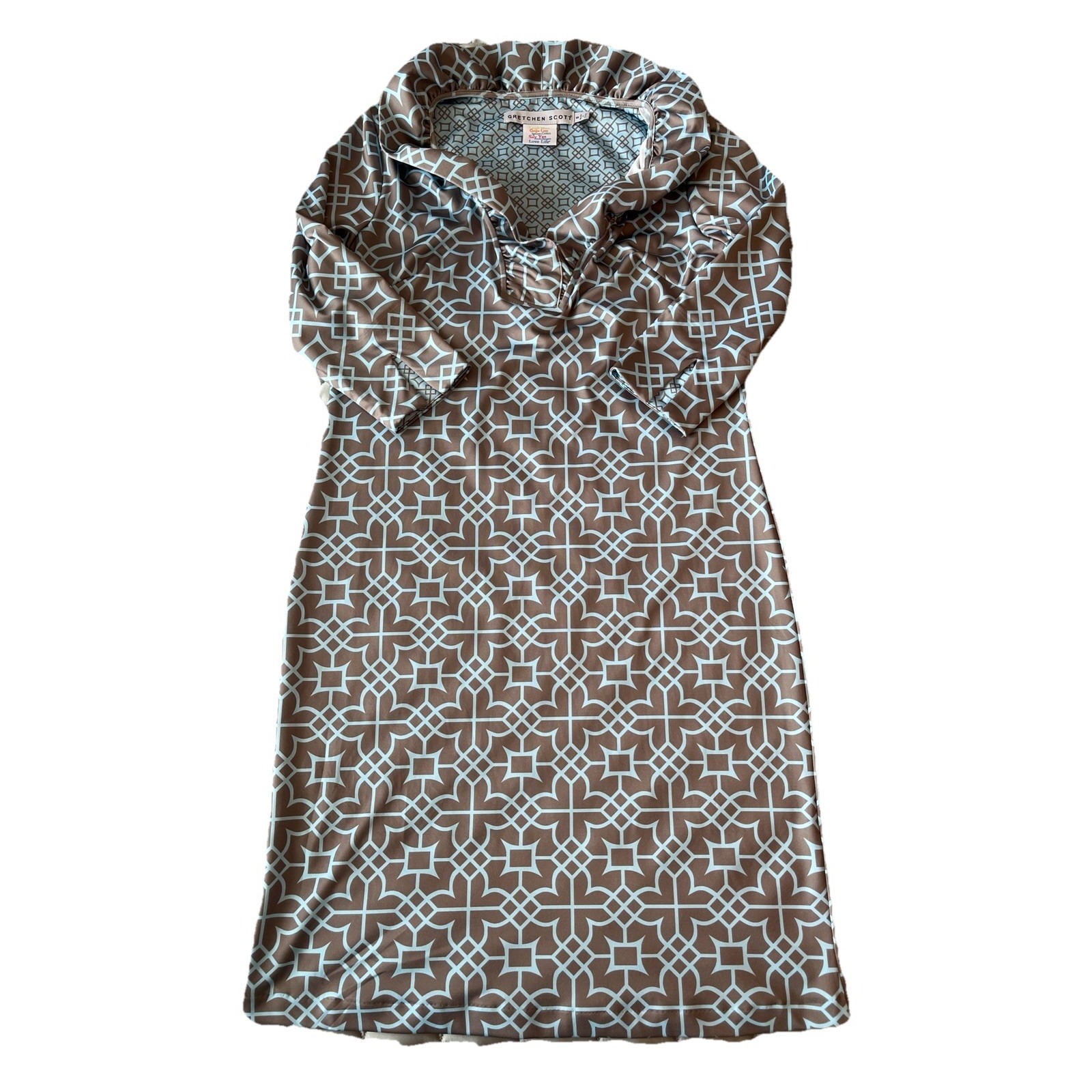 Gretchen Scott Gray & Blue Ruffle Neck Dress Bombay Taj - Women's Small