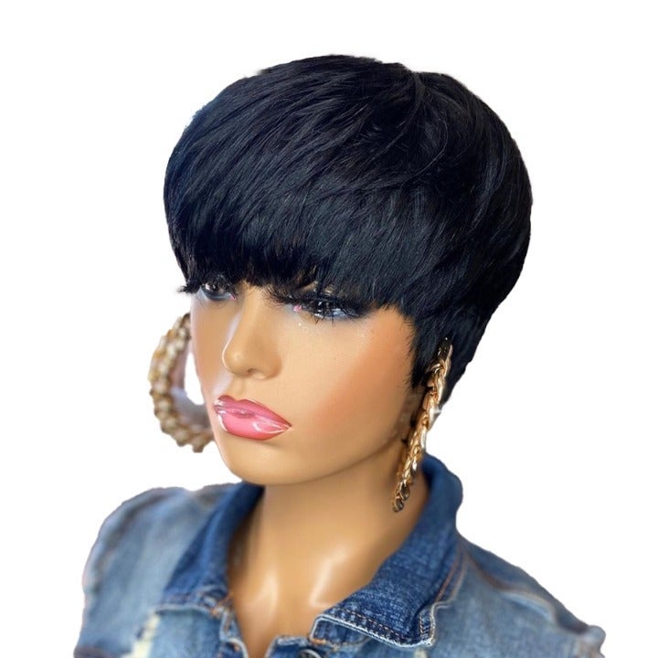 Pixie Cut Short Human Hair Wigs With Bangs Full Machine Made