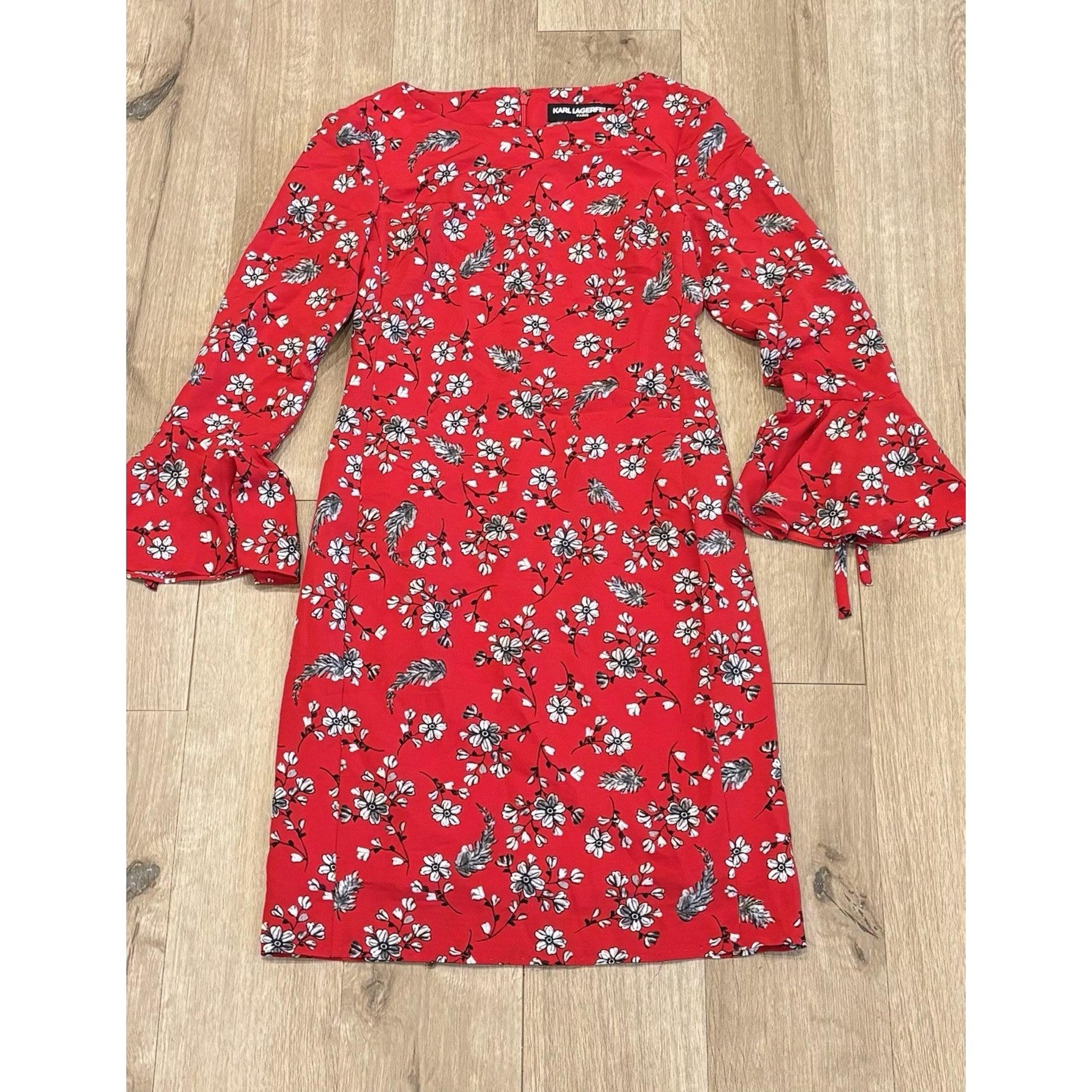 Karl Lagerfeld Red Floral Long Sleeve Sheath Dress, Size 0