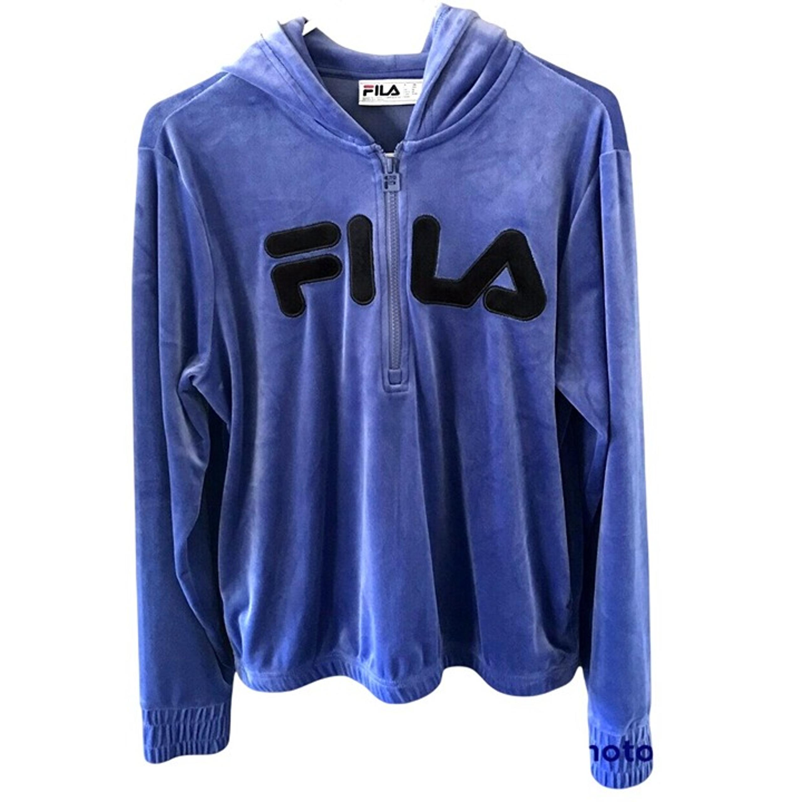 FILA Blue Plush Velour Half-Zip Logo Pullover 1/2 Zip Stretchy Hoodie Size M