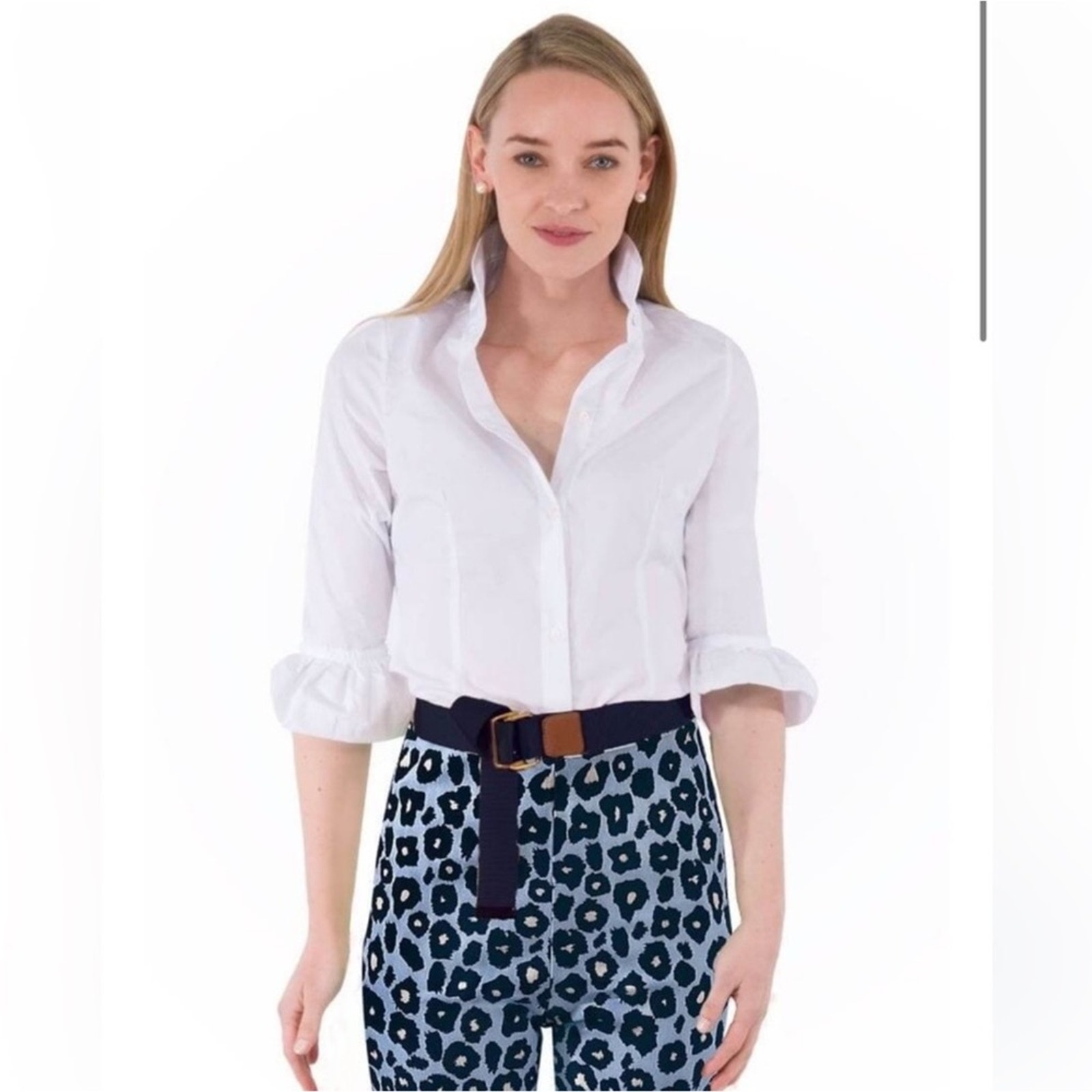 Gretchen Scott Priss Ruffle Cuff Button Down Top M White