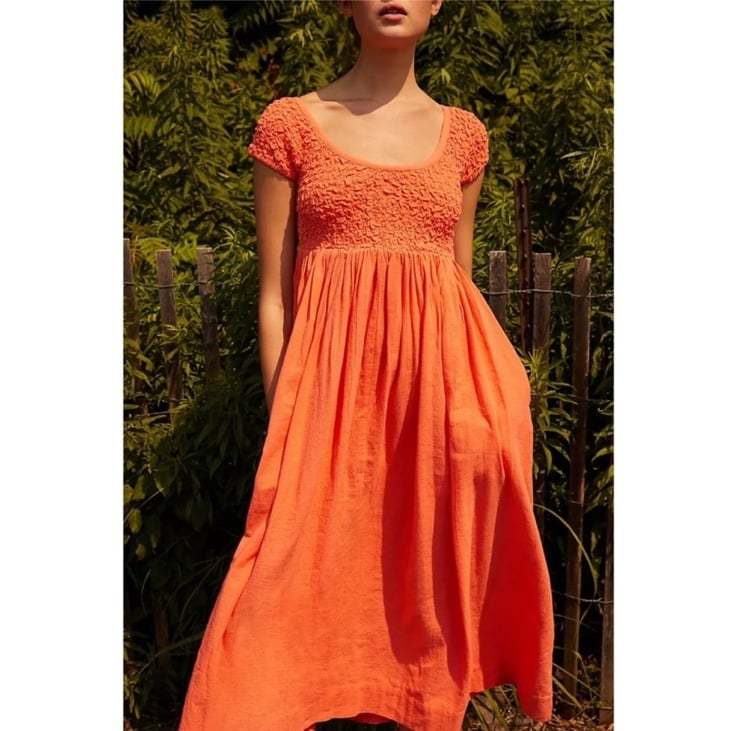 Free People All Eyes On You Smocked Orange Midi Dress XS