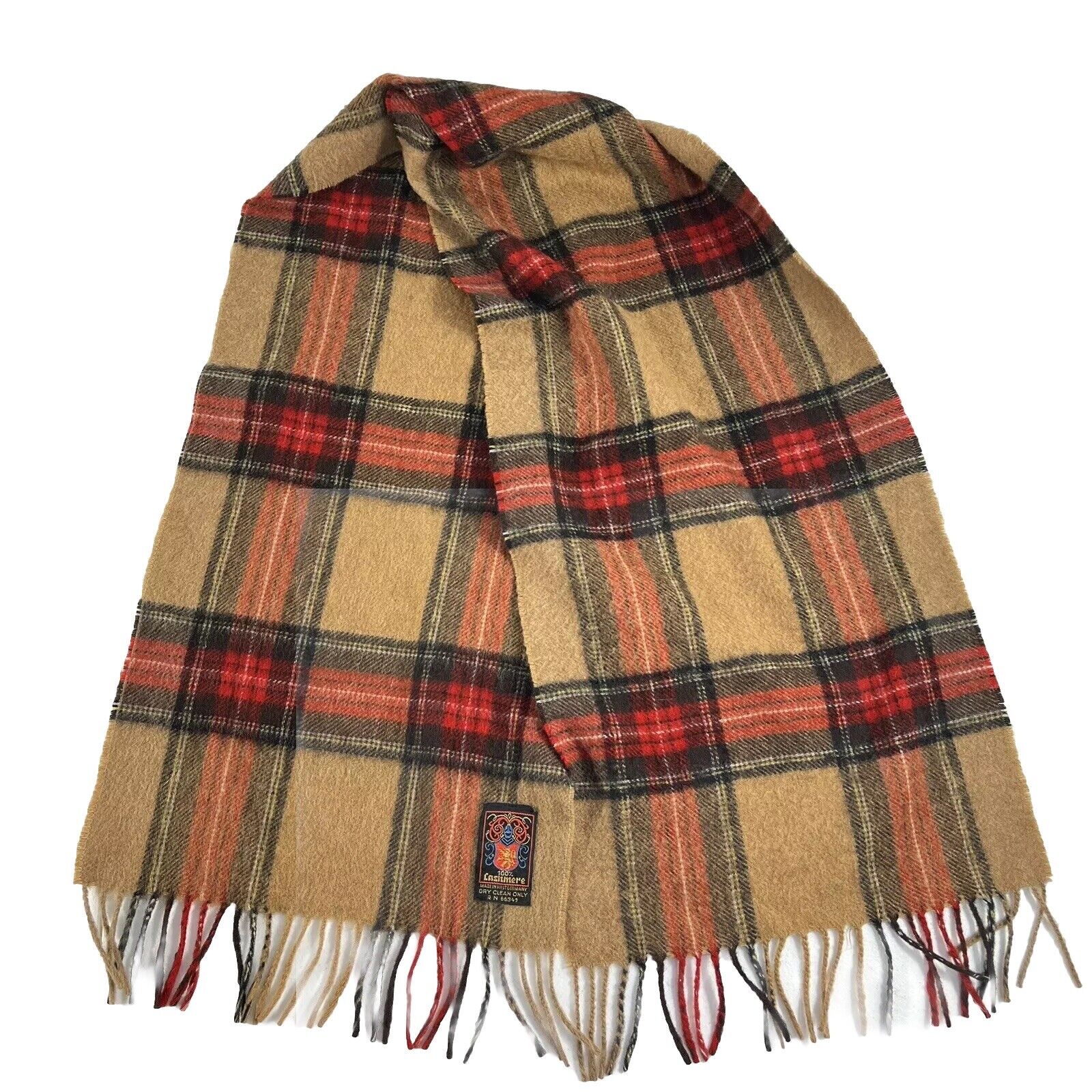 Vintage Cashmere Fringe Scarf Beige Tan Red Plaid Made in West Germany VGUC